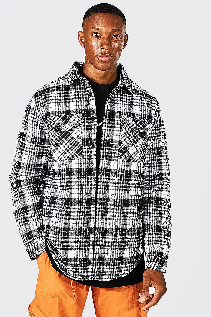Quilted Heavy Weight Flannel Shirt Jacket With Curved Hem | boohooMAN USA