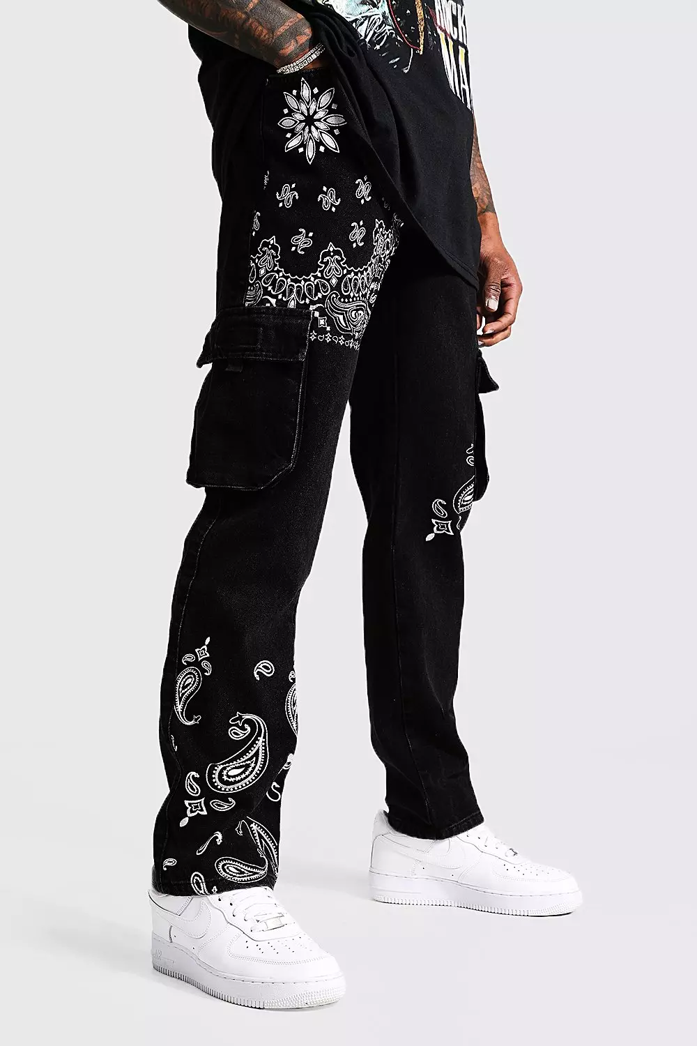 Straight Leg Bandana Printed Cargo Jeans