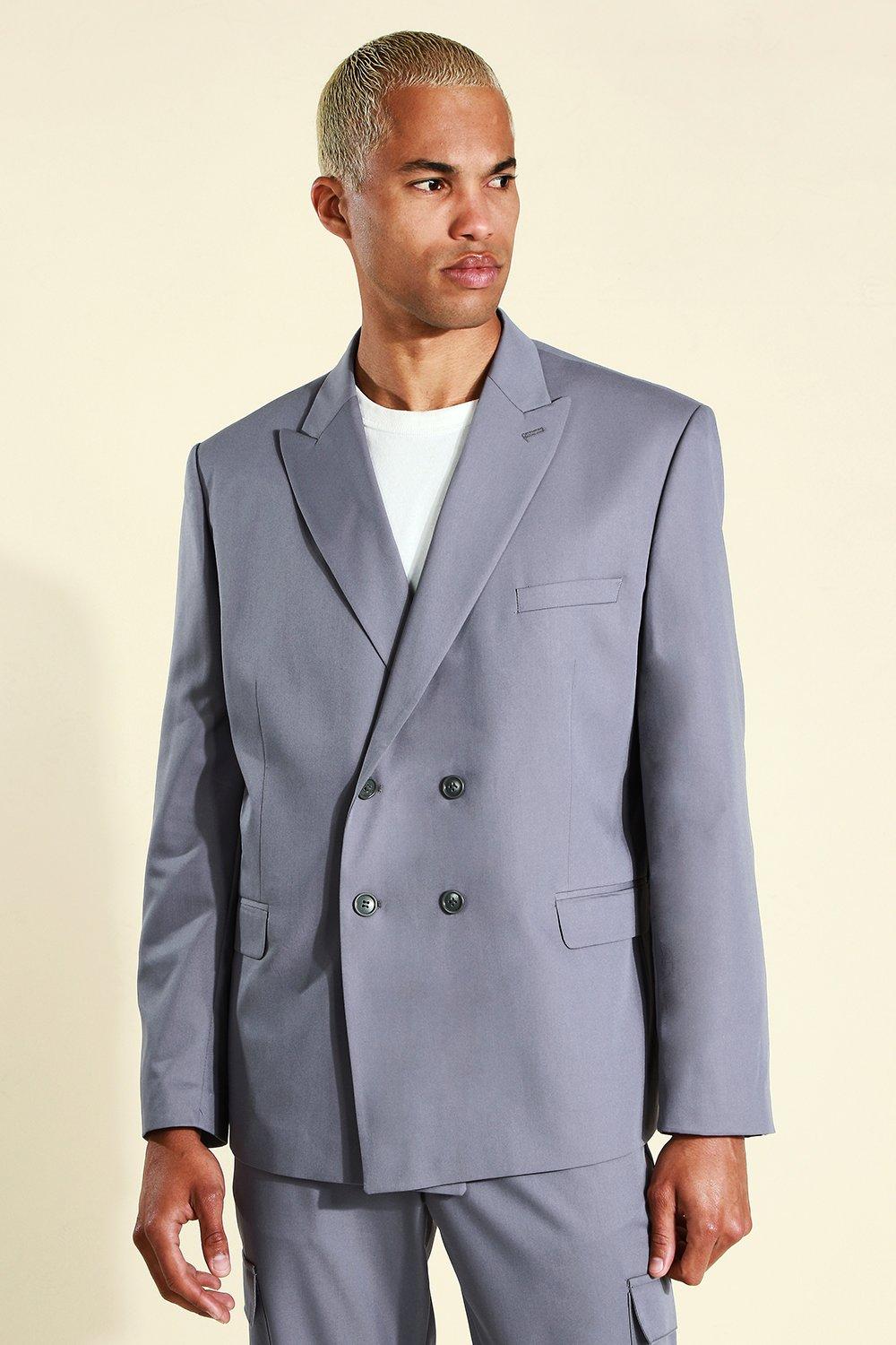 Mens Grey Oversized Double Breasted Suit Jacket, Grey