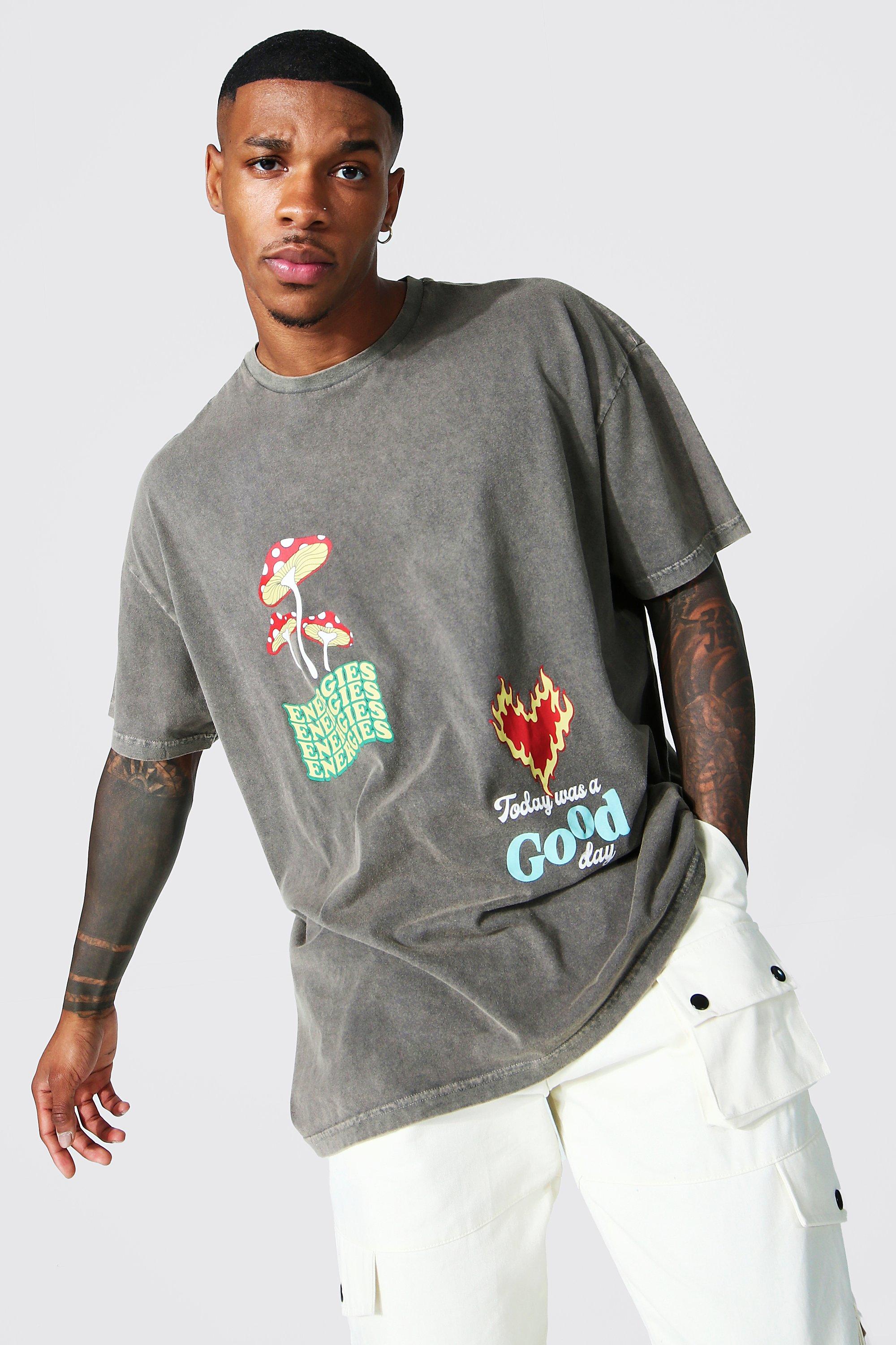 Mens Brown Oversized Overdyed Slogan Printed T-shirt, Brown