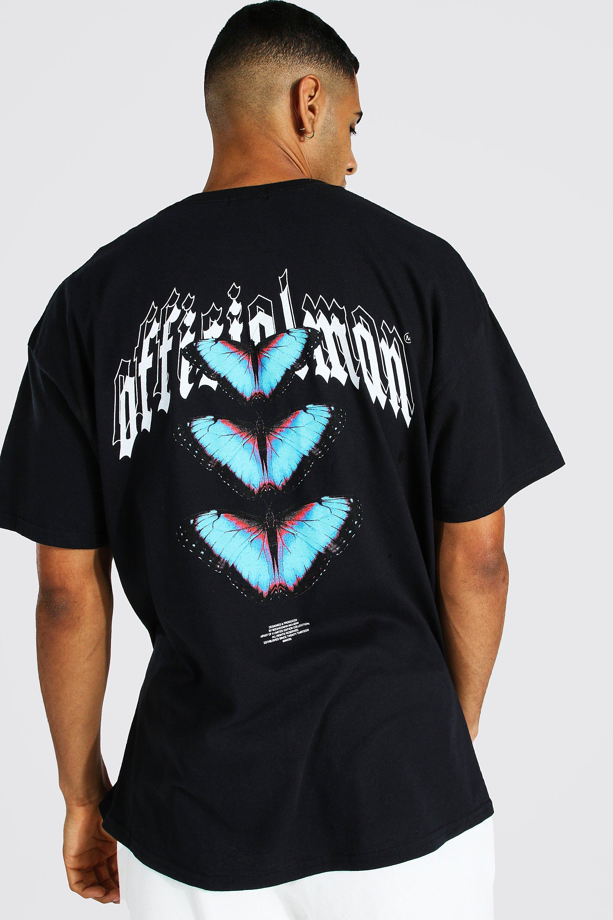 Mens Black Oversize Butterfly Front & Back Print T-shirt, Black