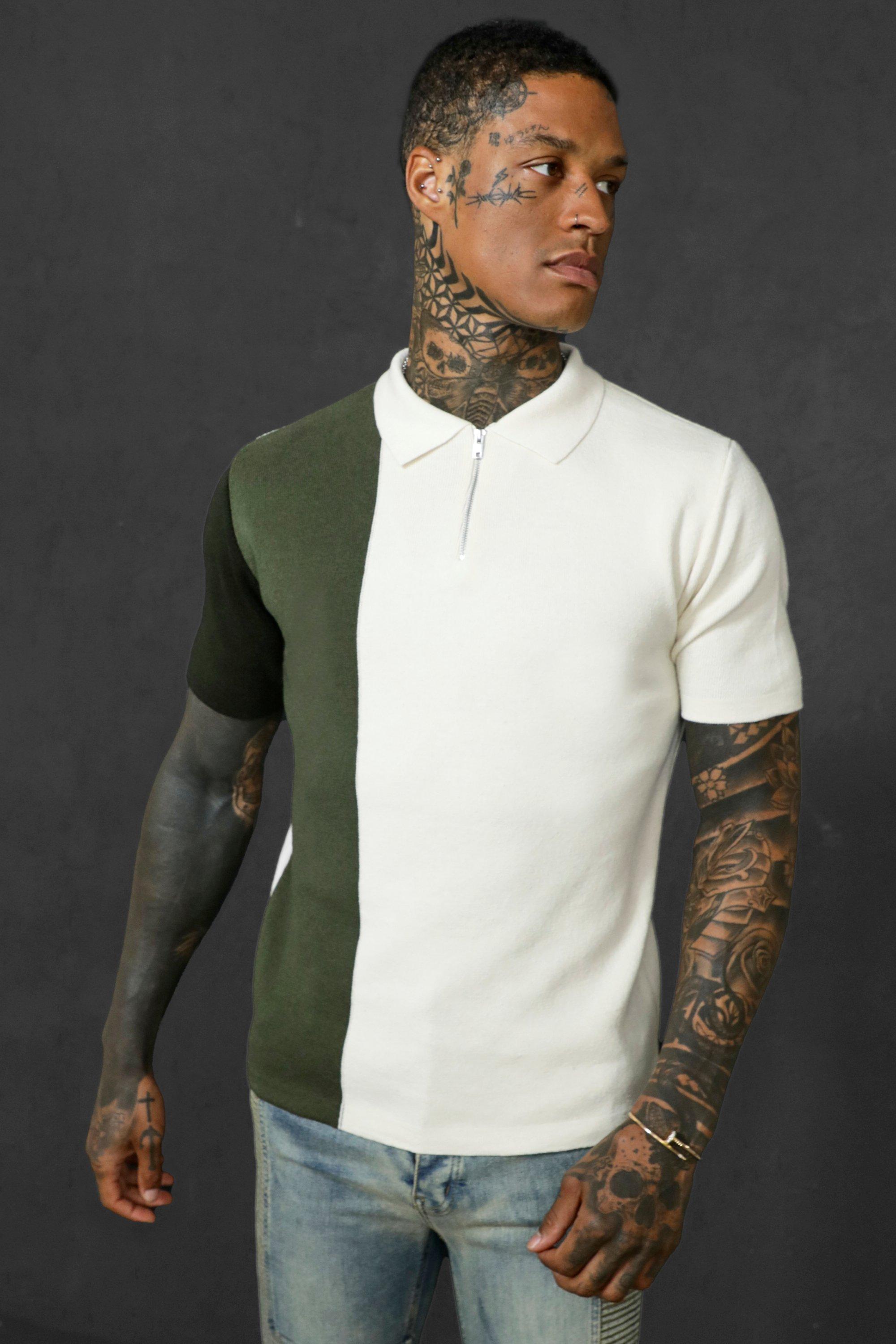 Mens Green Short Sleeve Half Zip Colour Block Knit Polo, Green