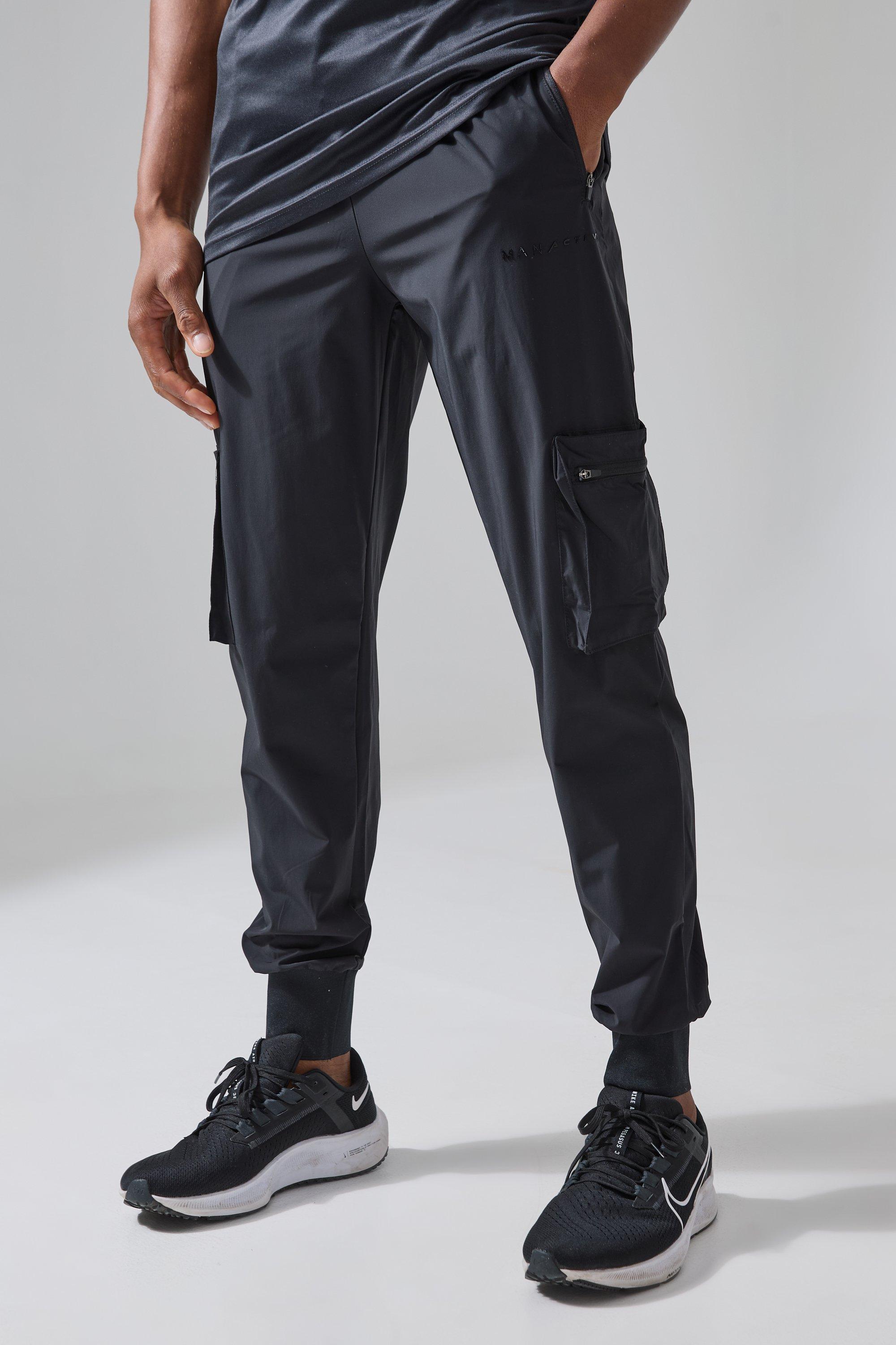 Mens Black Man Active Gym Deep Rib Tech Tapered Cargo Pant, Black