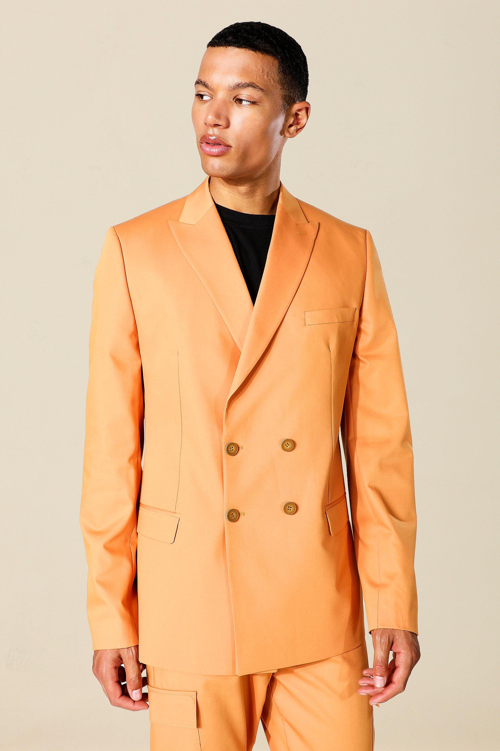 Mens Orange Tall Oversized Double Breasted Suit Jacket, Orange