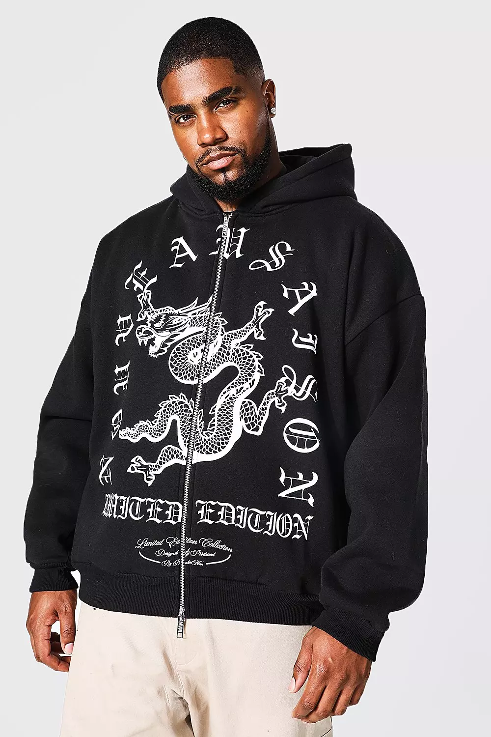 Plus Dragon Print Zip Through Hoodie | boohooMAN USA