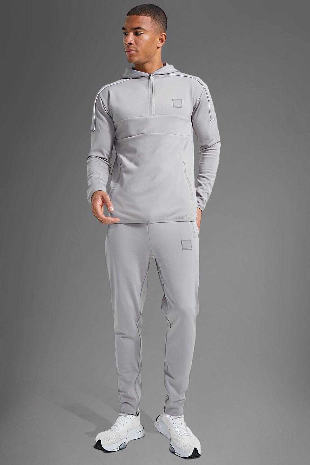 Mens Grey Man Active Gym Tech Hooded Tracksuit, Grey