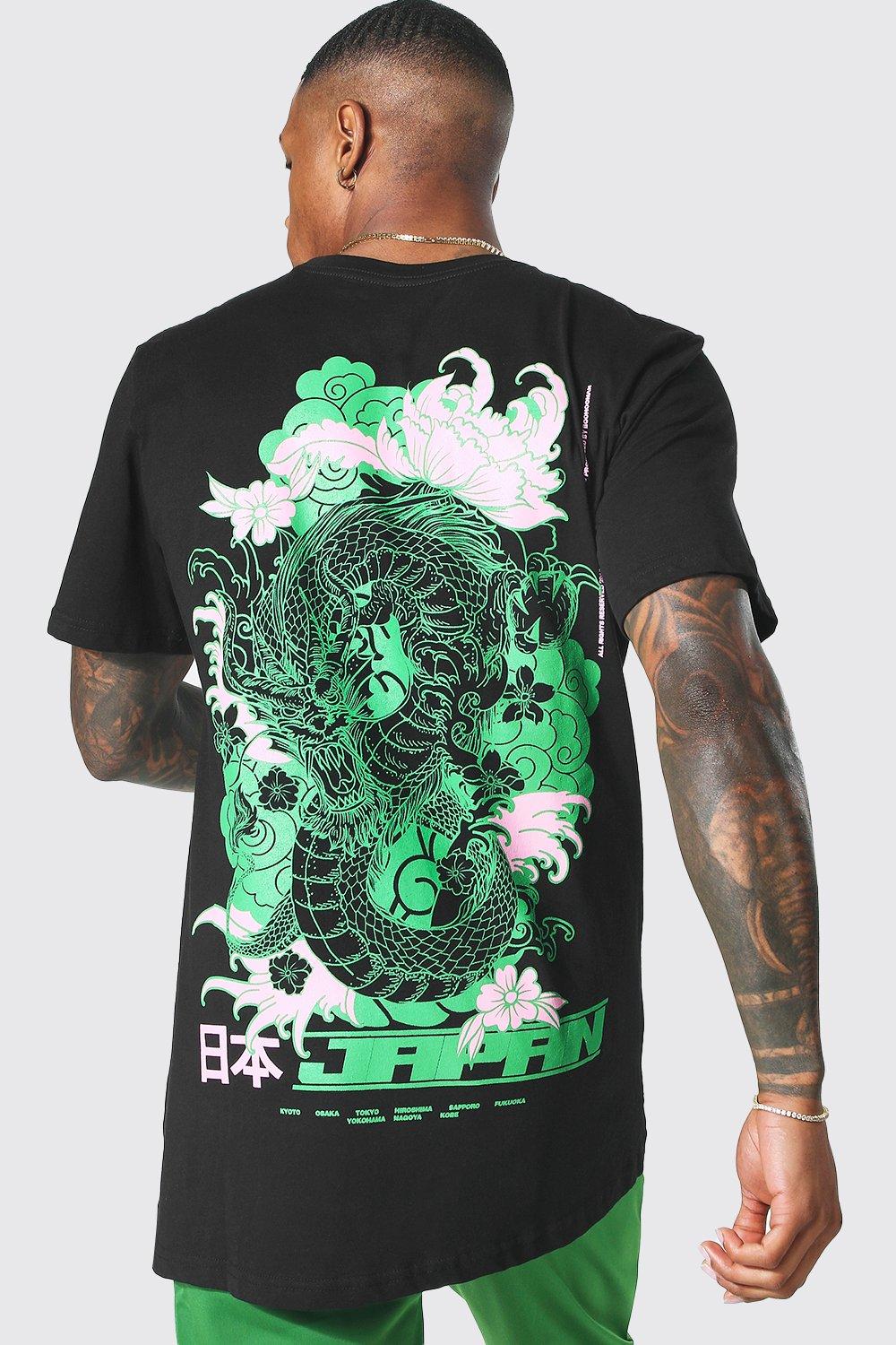 Mens Black Longline Dragon Back Print T-shirt, Black