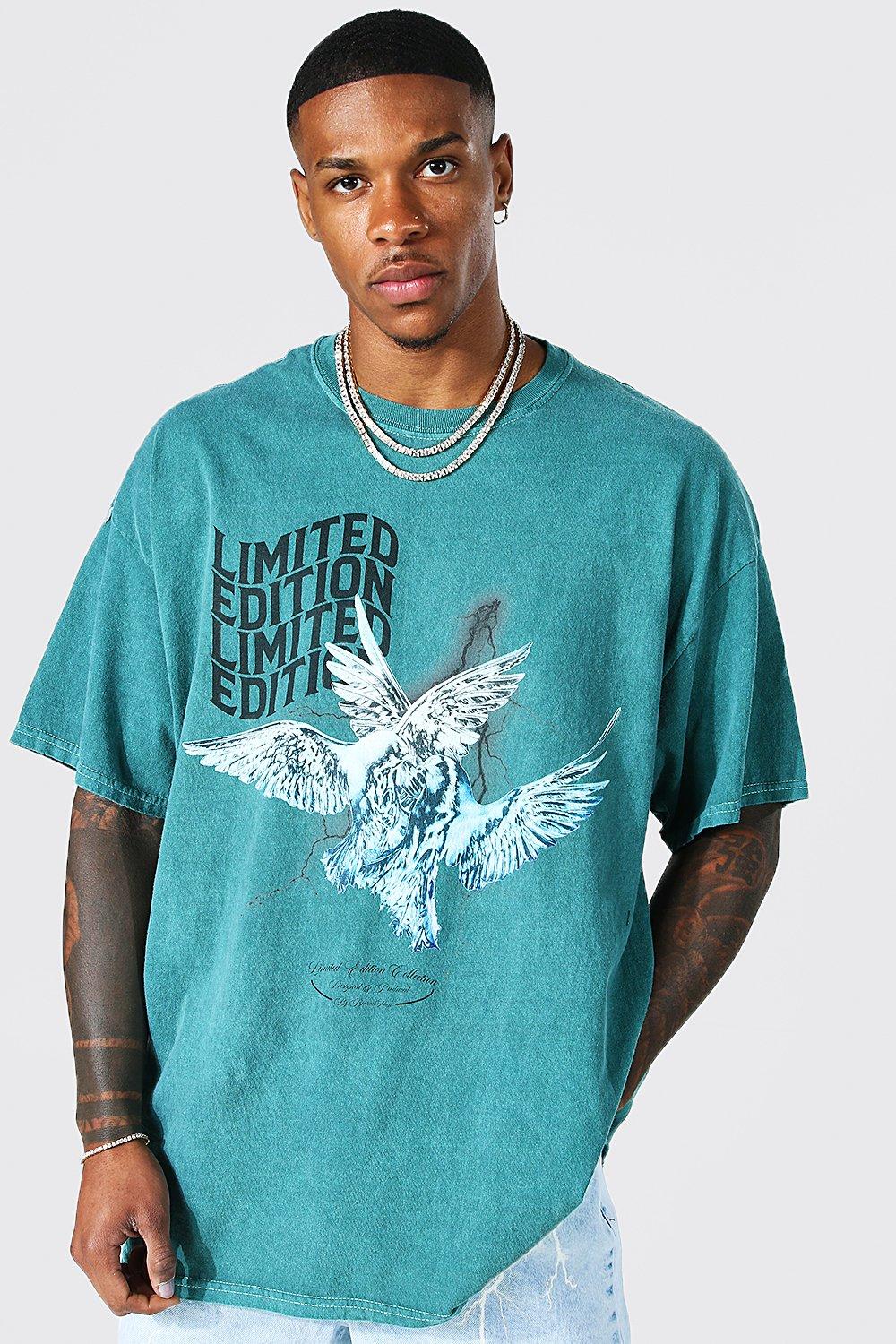 Mens Green Oversized Washed Dove Graphic T-Shirt, Green