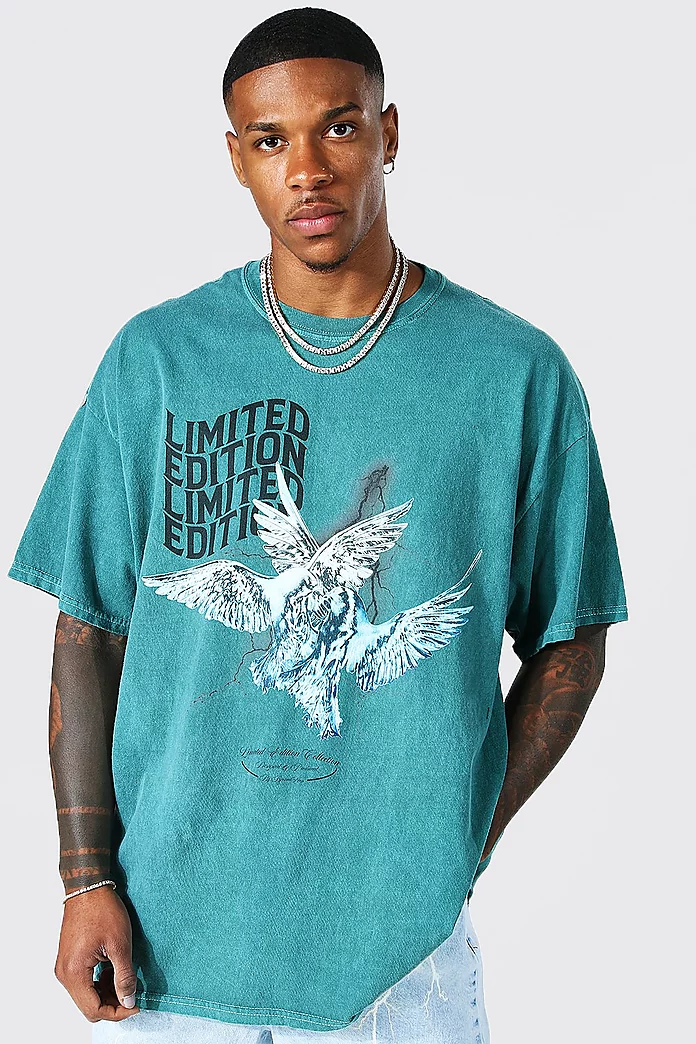 Oversized Washed Dove Graphic T-Shirt | boohooMAN UK