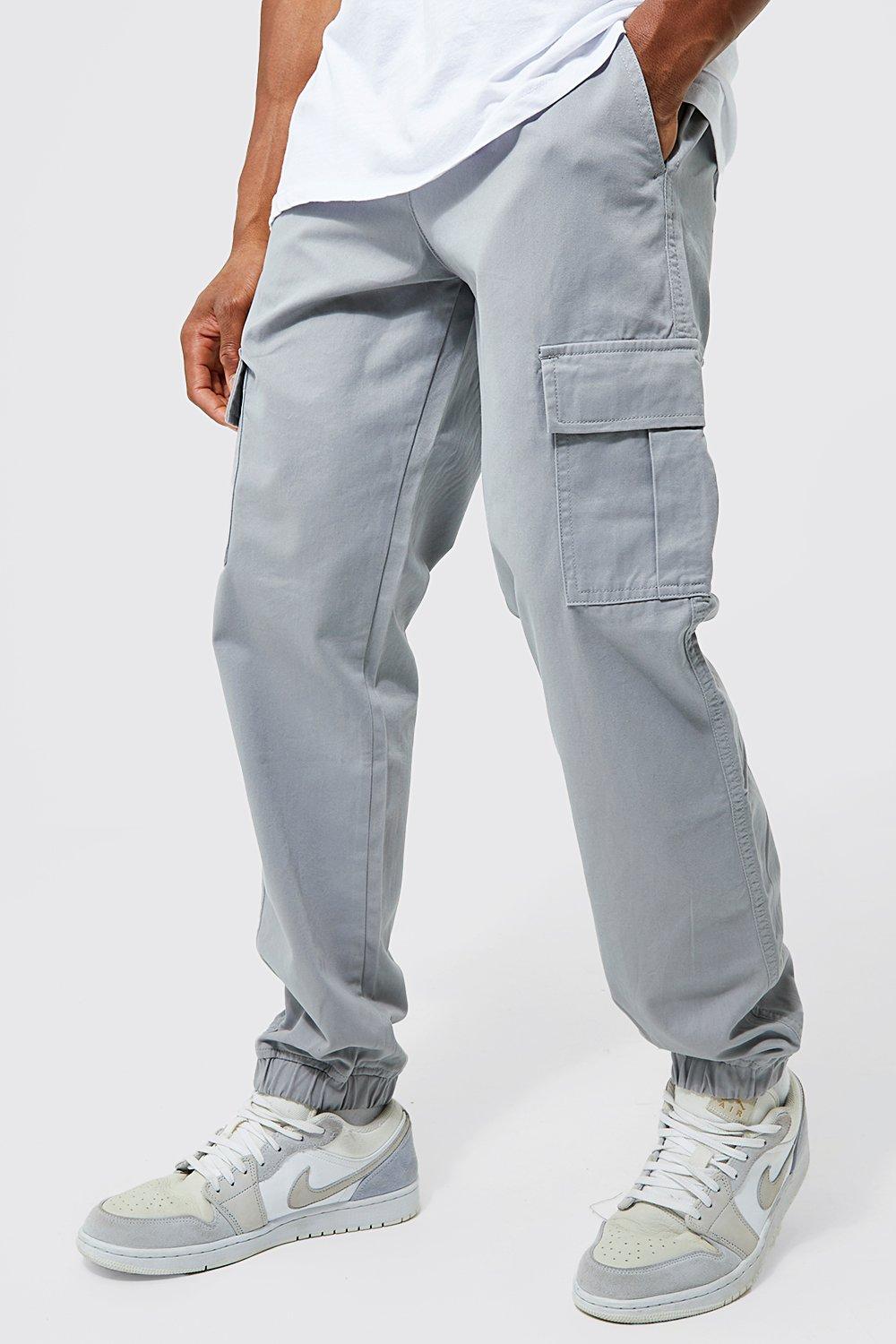 Mens Grey Elasticated Waist Straight Leg Cargo Trouser, Grey