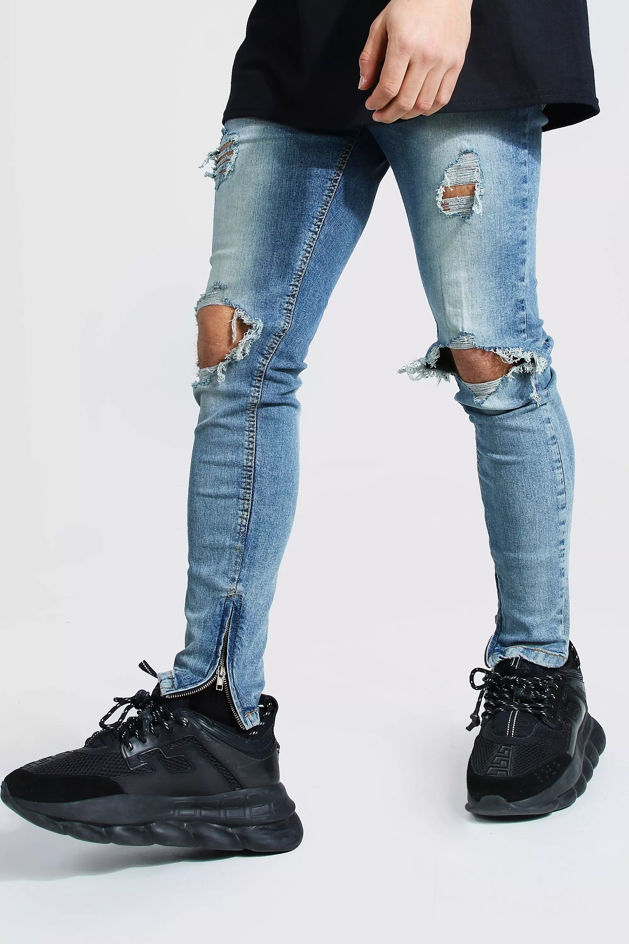 Skinny Stretch Exploded Knee Jeans | boohooMAN USA