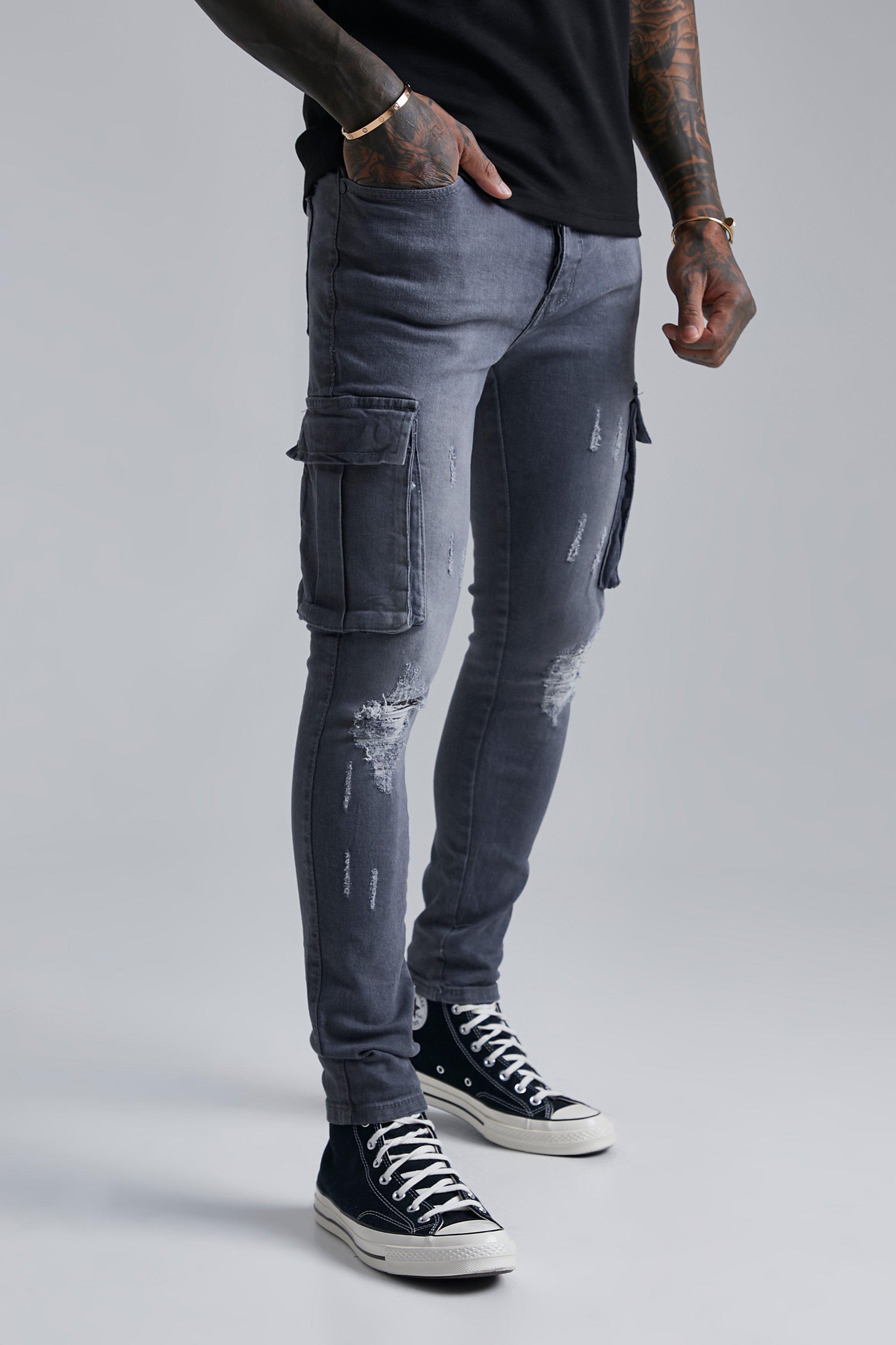 Mens Dark Grey Super Skinny Cargo Jeans With Knee Rips