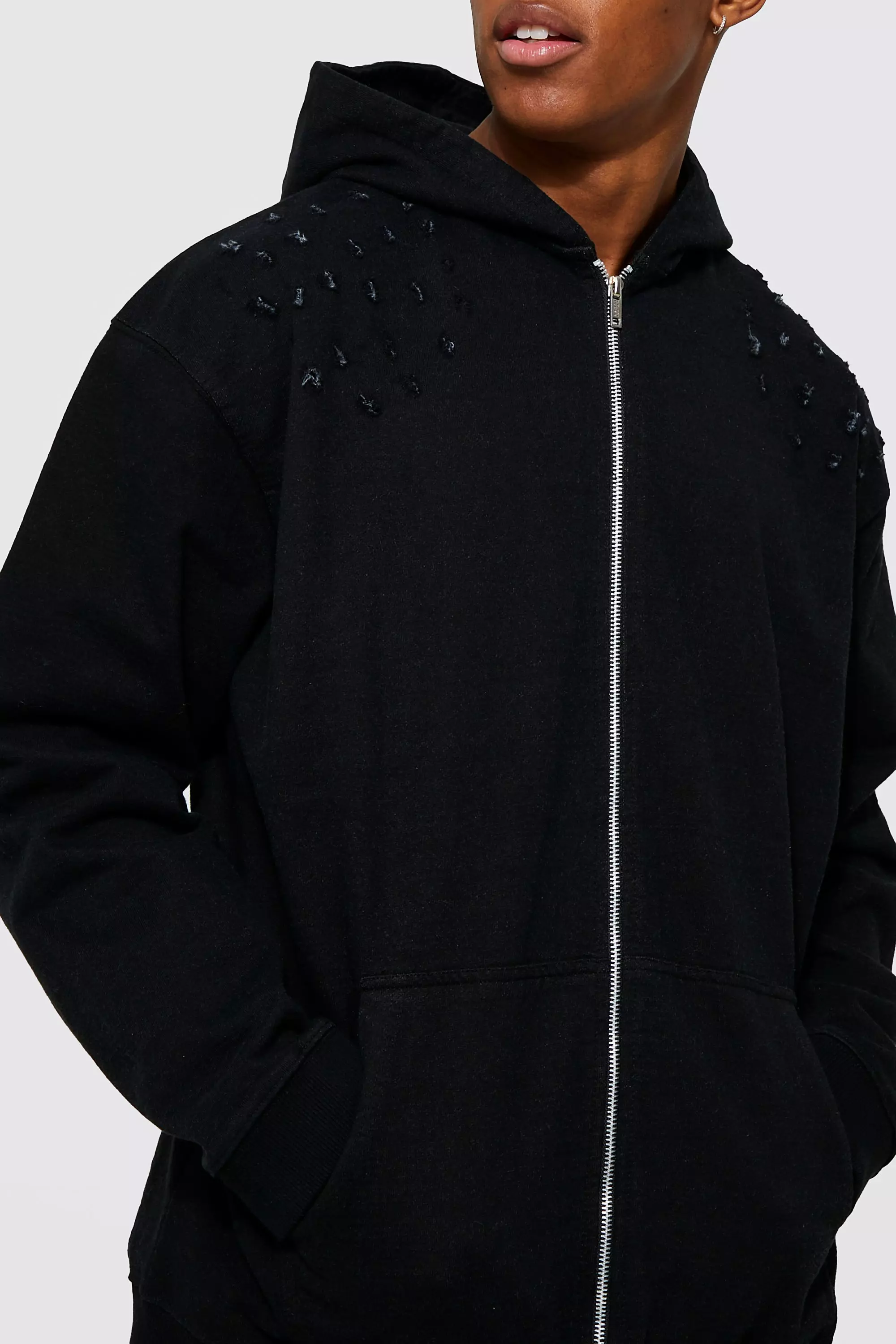 distressed zip-up hoodie