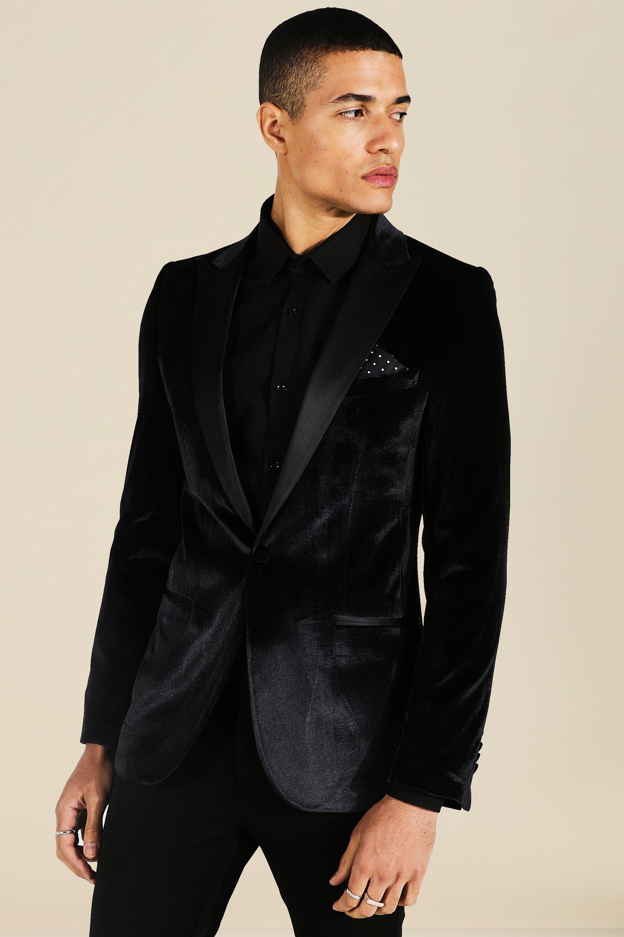 Mens Black Skinny Velour Satin Lapel Single Breasted Blazer, Black