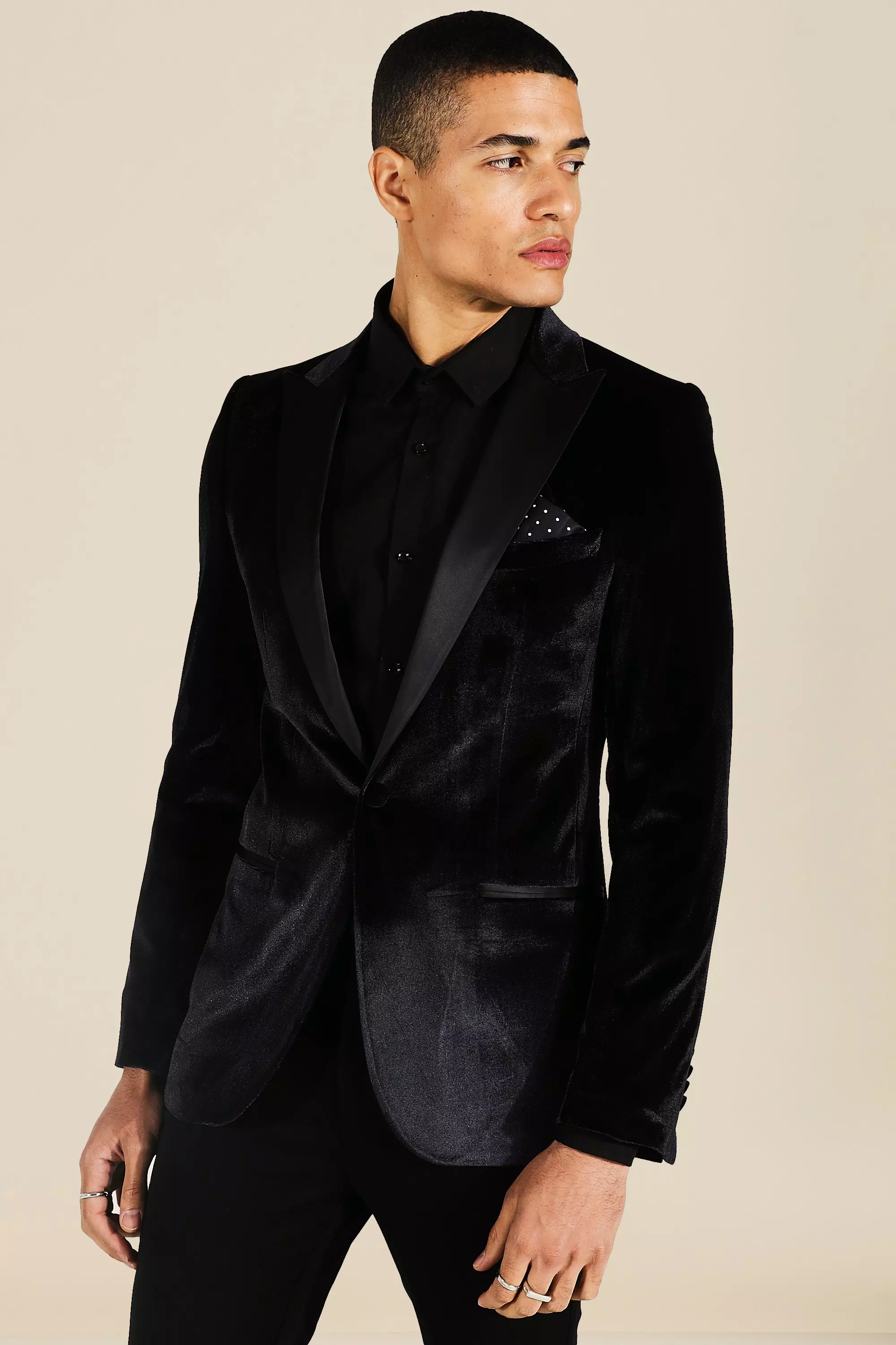 Skinny Velour Satin Lapel Single Breasted Blazer | boohooMAN USA