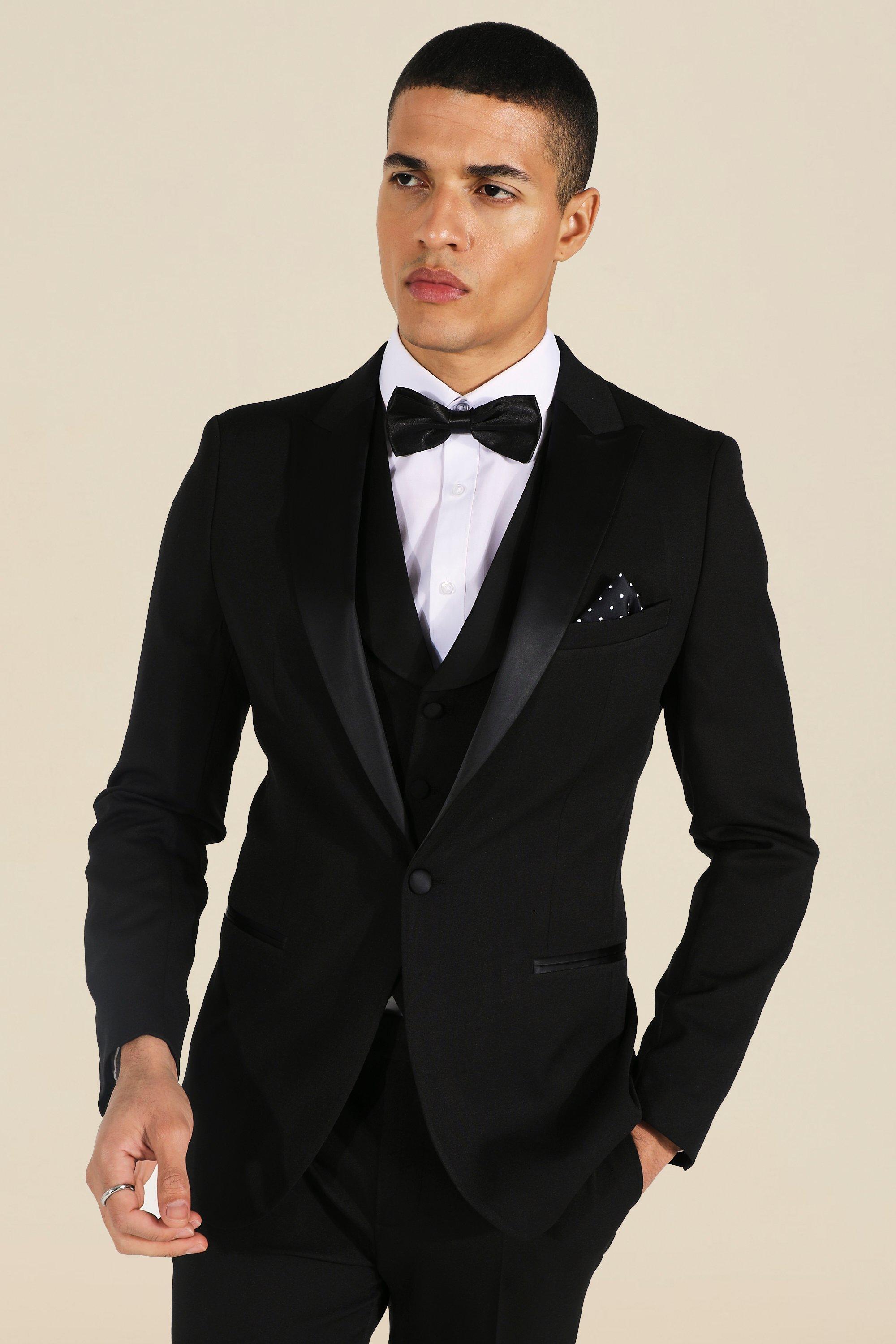 Mens Black Skinny Tuxedo Single Breasted Suit Jacket, Black