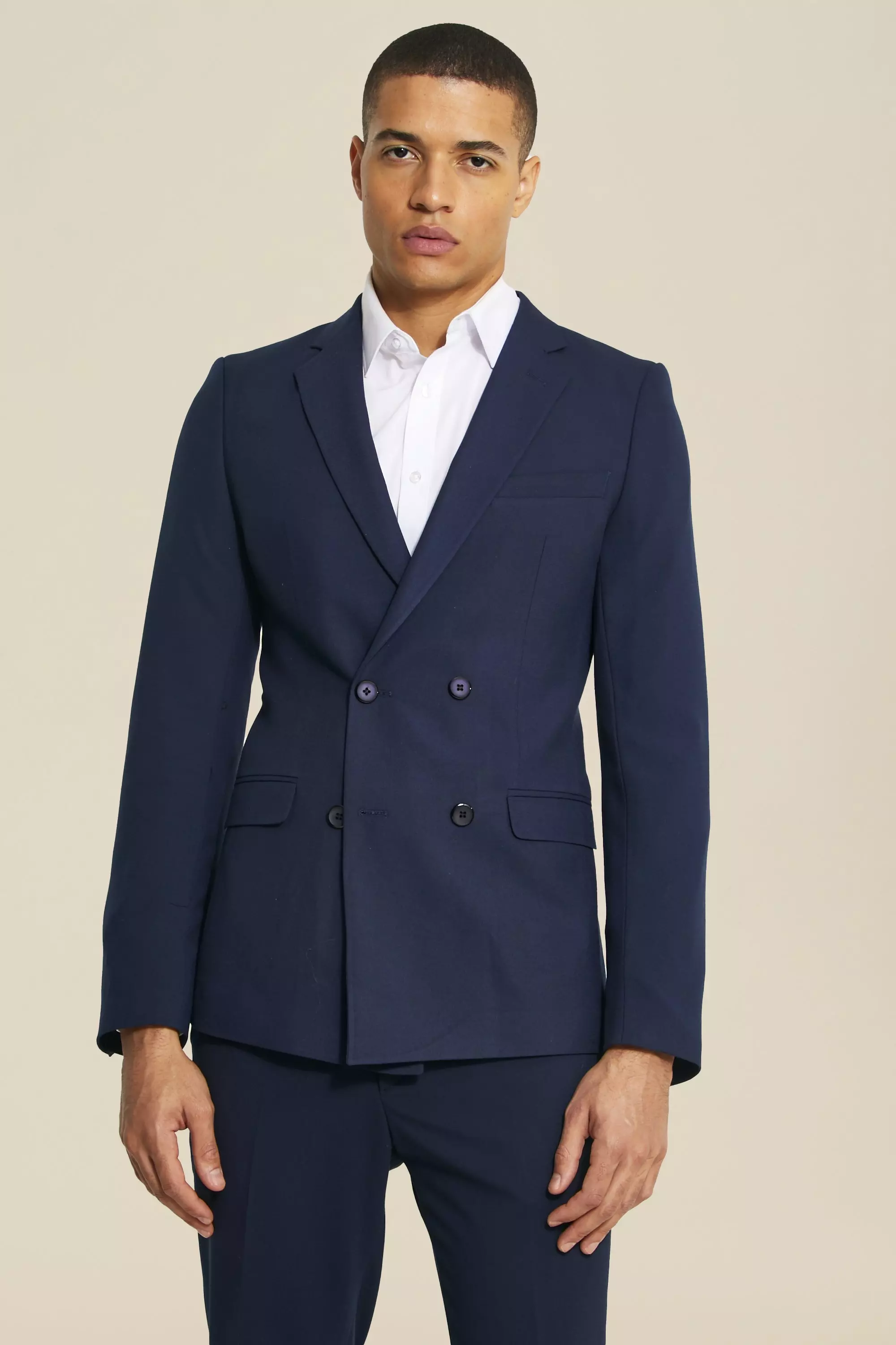 Skinny Navy Double Breasted Jacket | boohooMAN USA