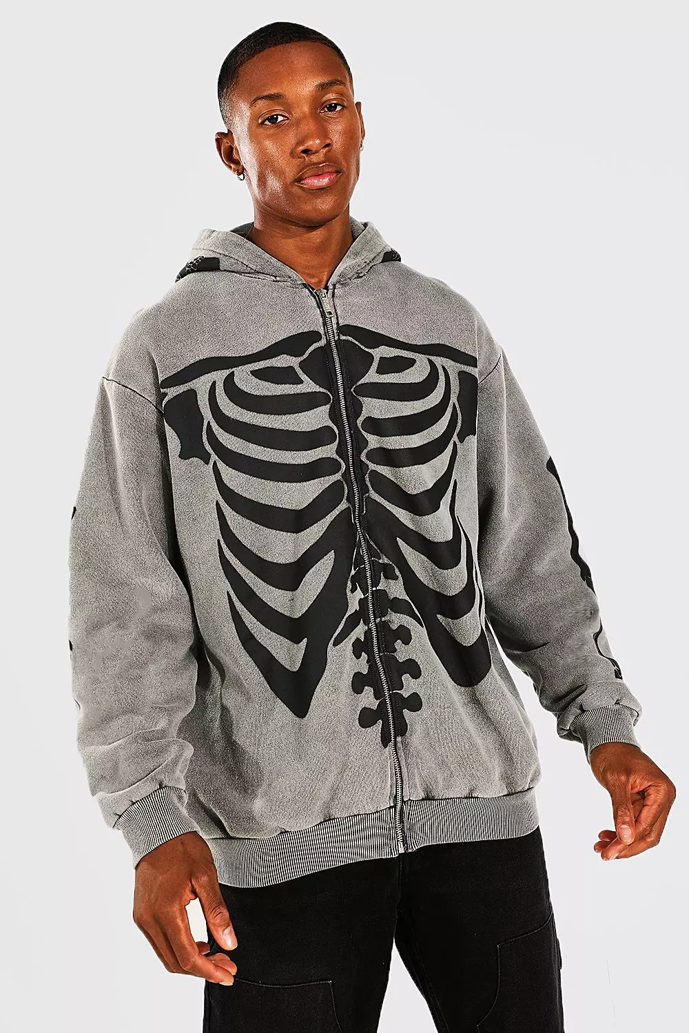 Oversized Skeleton Zip Through Hoodie | boohooMAN UK