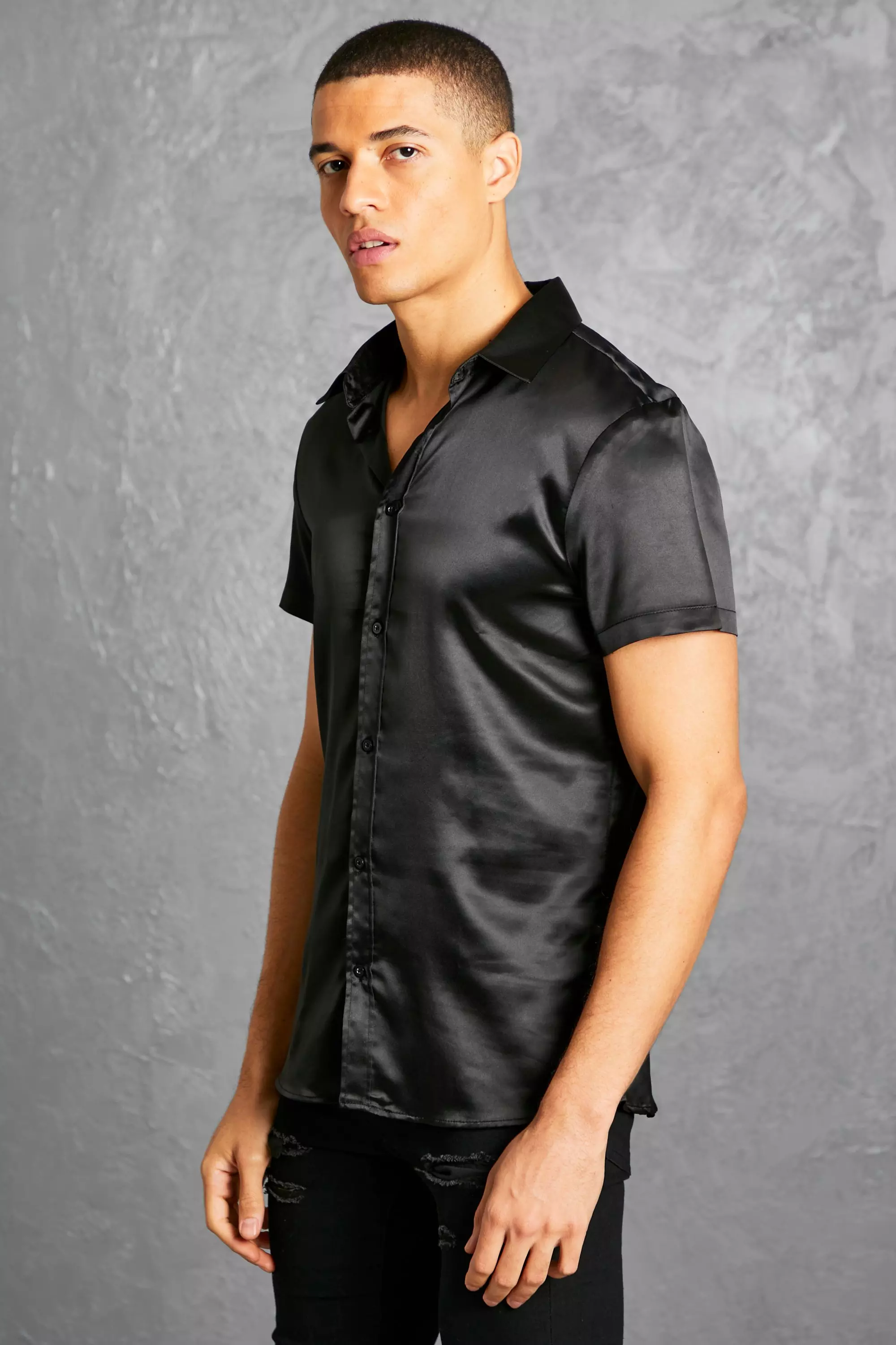 Mens satin on sale shirt short sleeve