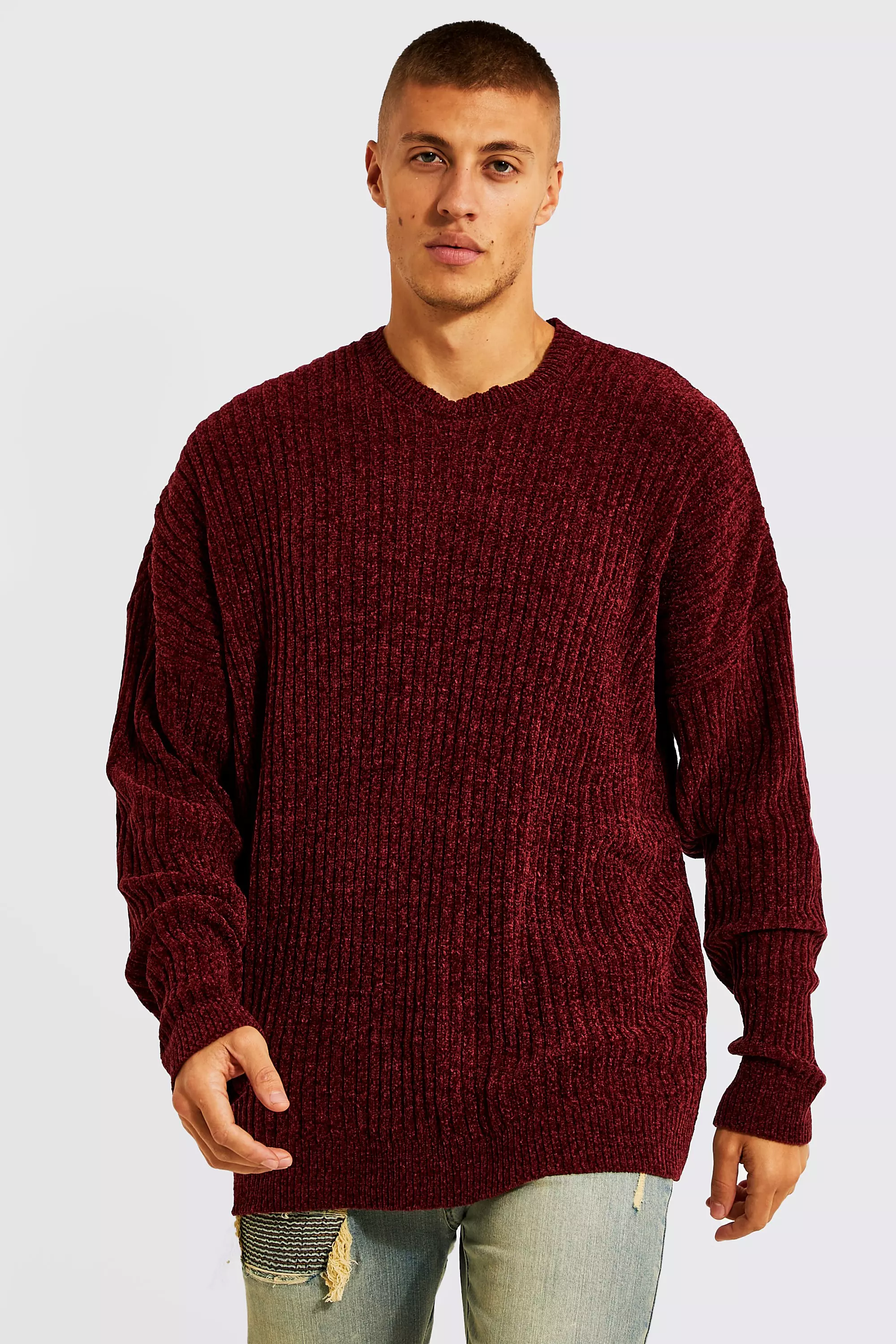 Oversized Ribbed Chenille Crew Neck Sweater | boohooMAN USA