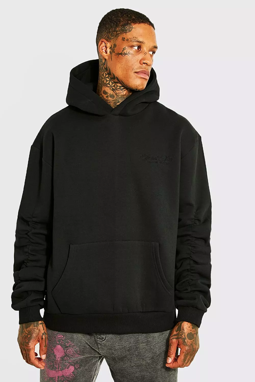 Dark Grey Oversized Ruched Sleeve Hoodie