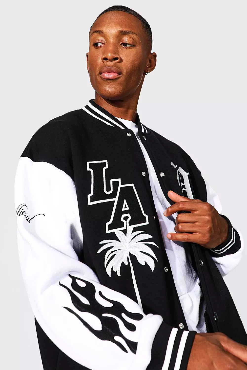 BoohooMAN La Badge Jersey Varsity Bomber Jacket in Black for Men