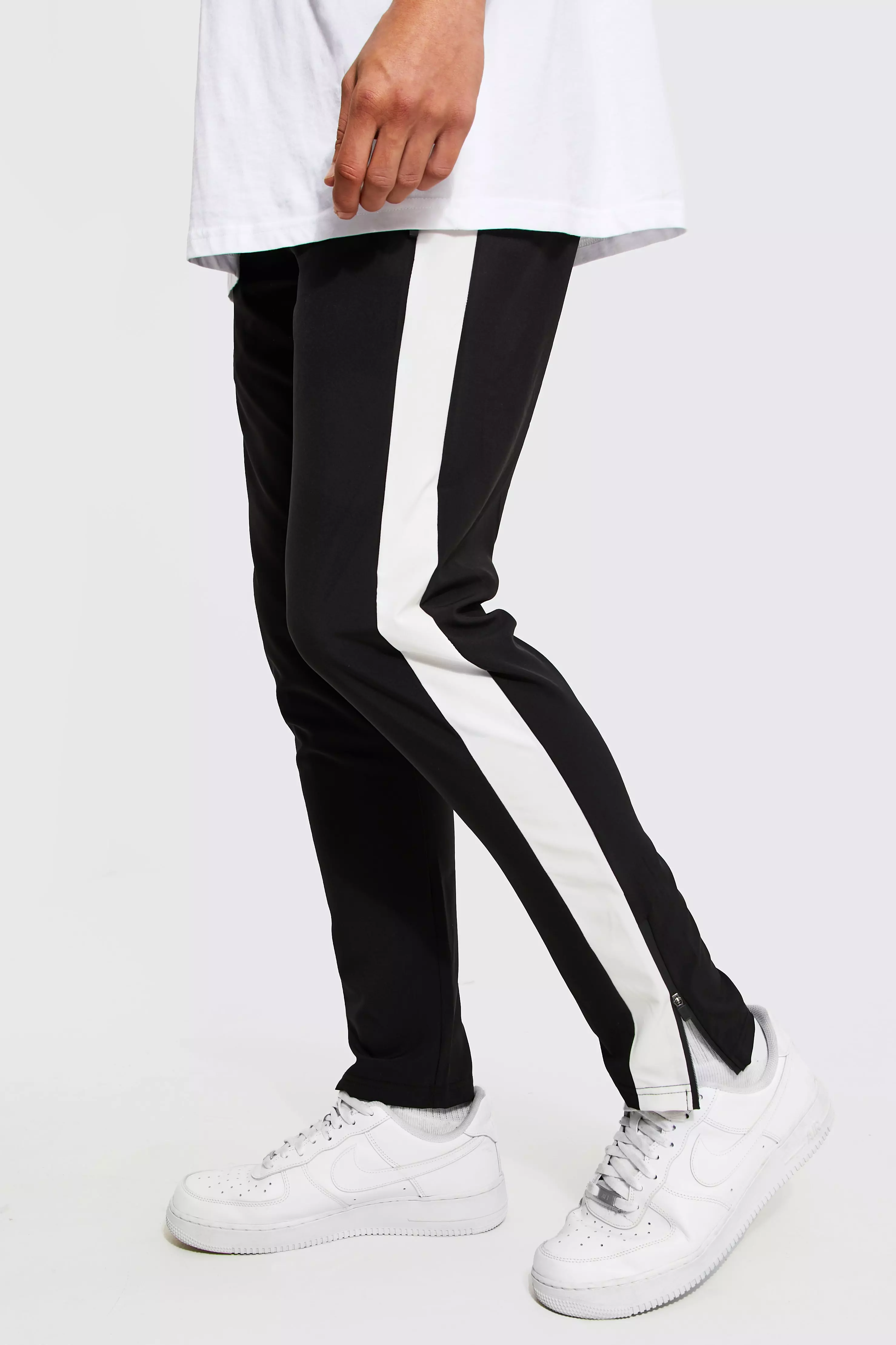 Black pants with white cheap stripe down side mens