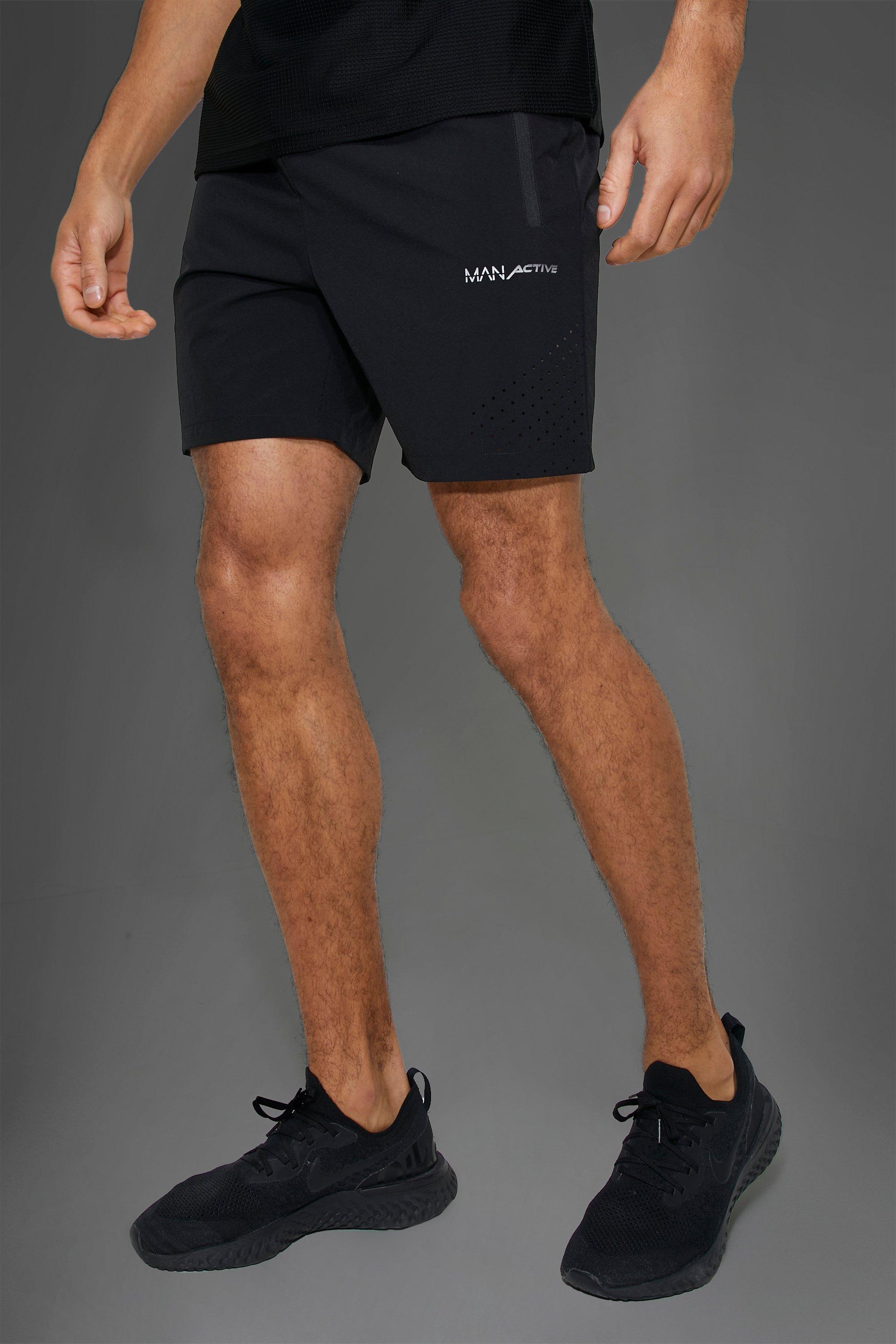 Mens Black Man Active Gym Nylon Perforated Short, Black