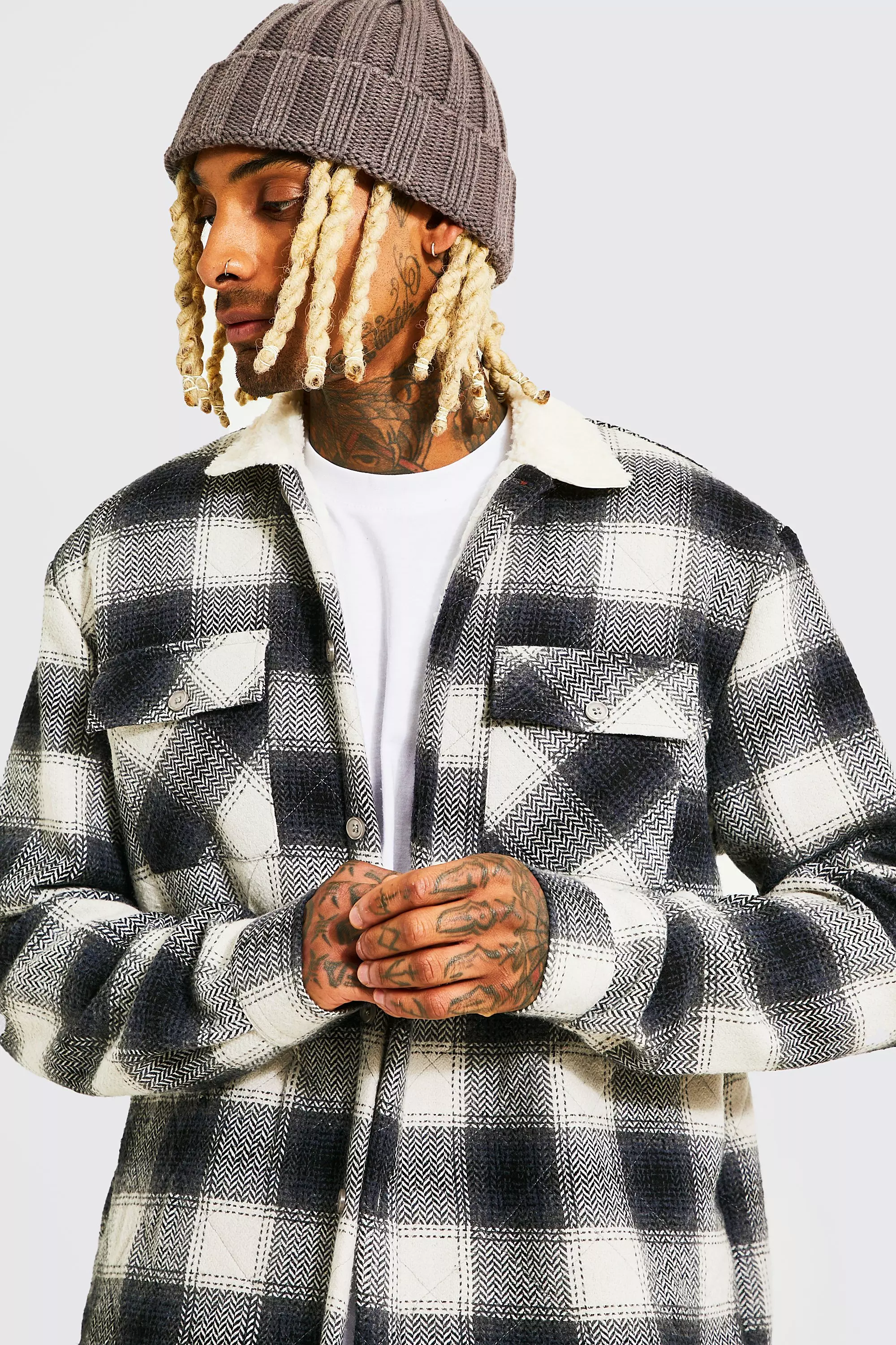 Quilted Borg Lined Flannel Shirt Jacket | boohooMAN USA