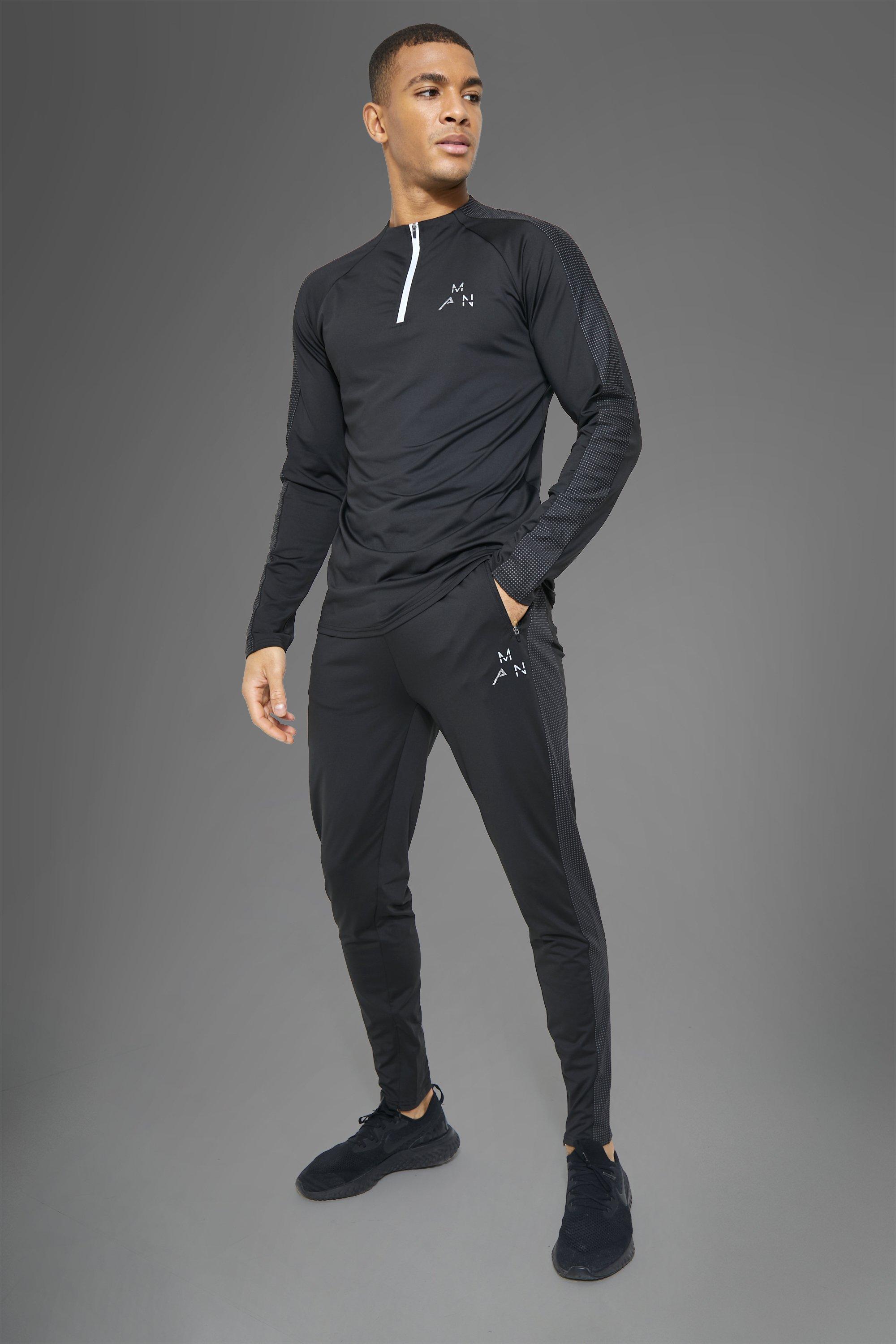 Mens Black Active Gym Reflective Panel ¼ Zip Tracksuit, Black