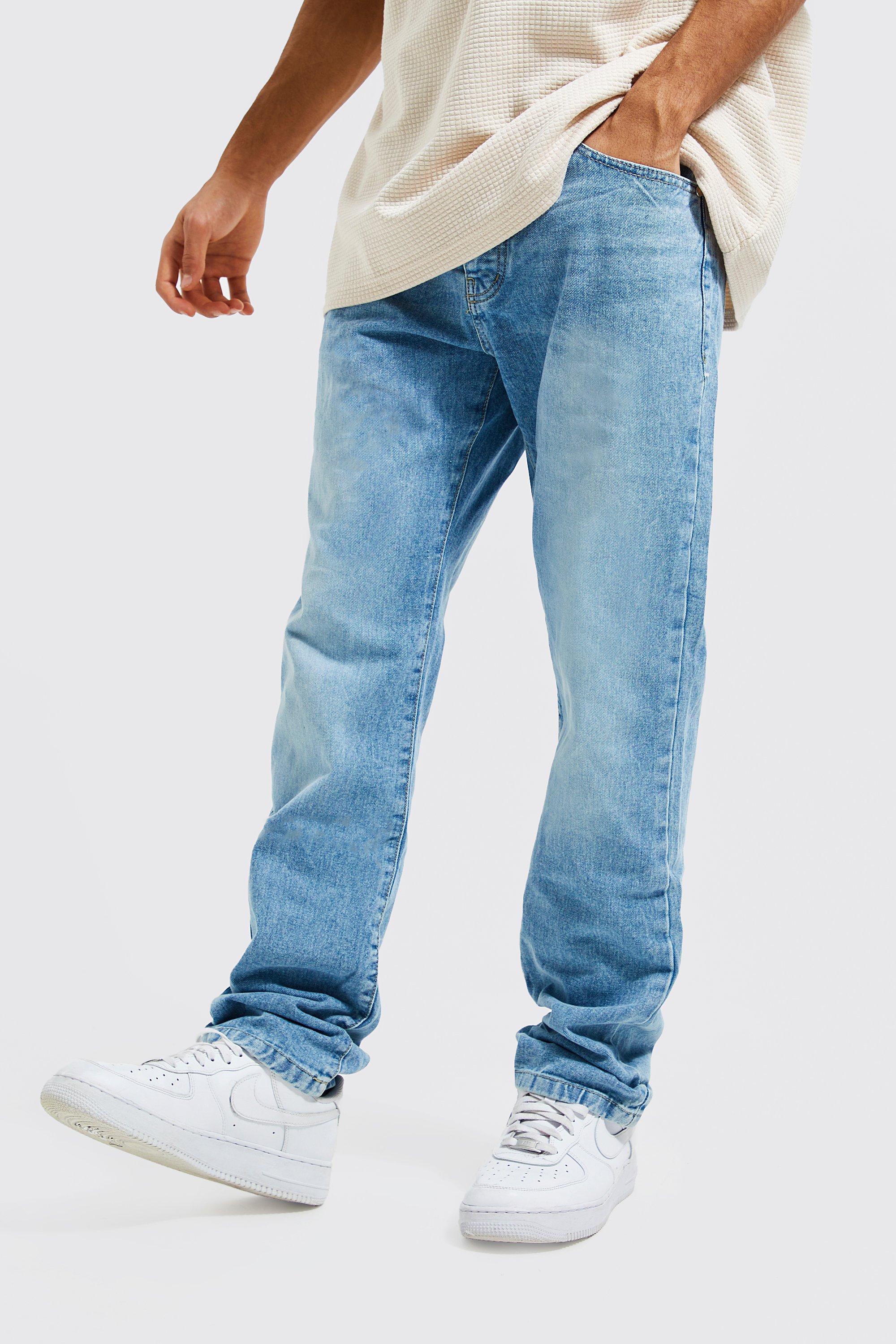 mens blue straight leg rigid jeans, blue
