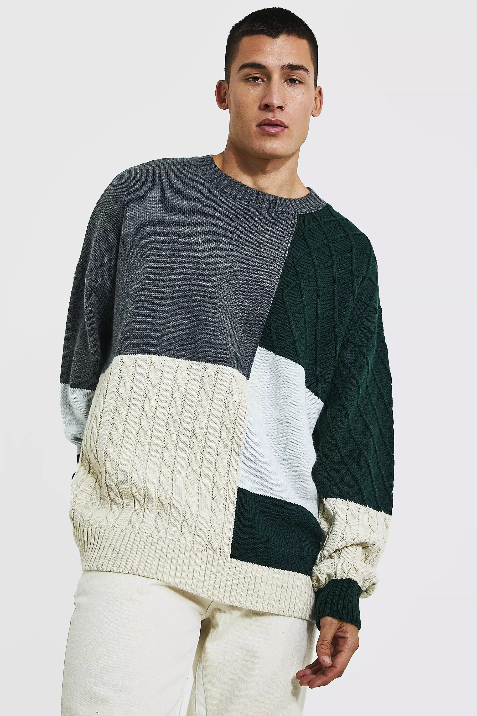 Oversized Patchwork Knitted Sweater | boohooMAN USA