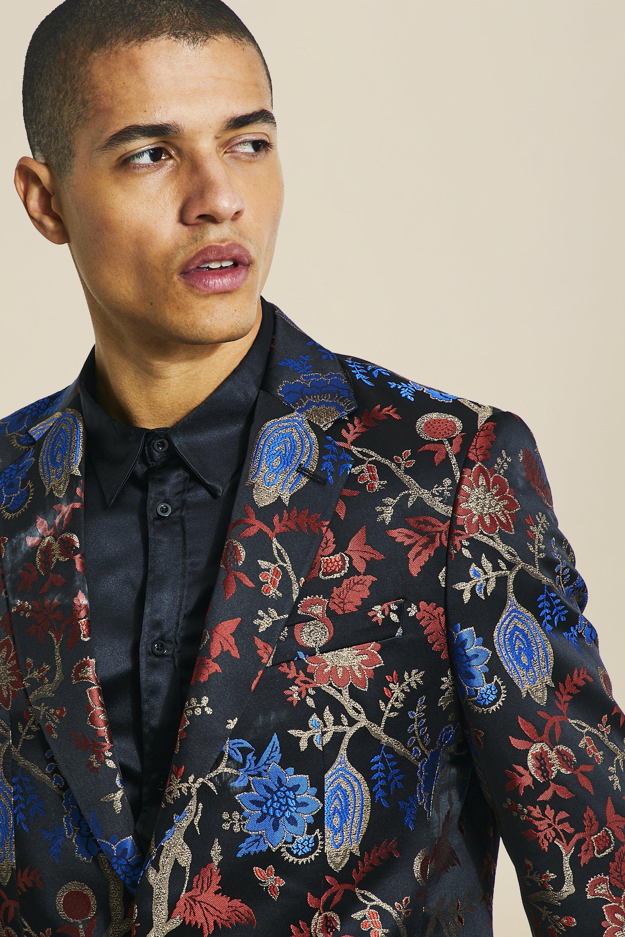 mens suit with floral shirt