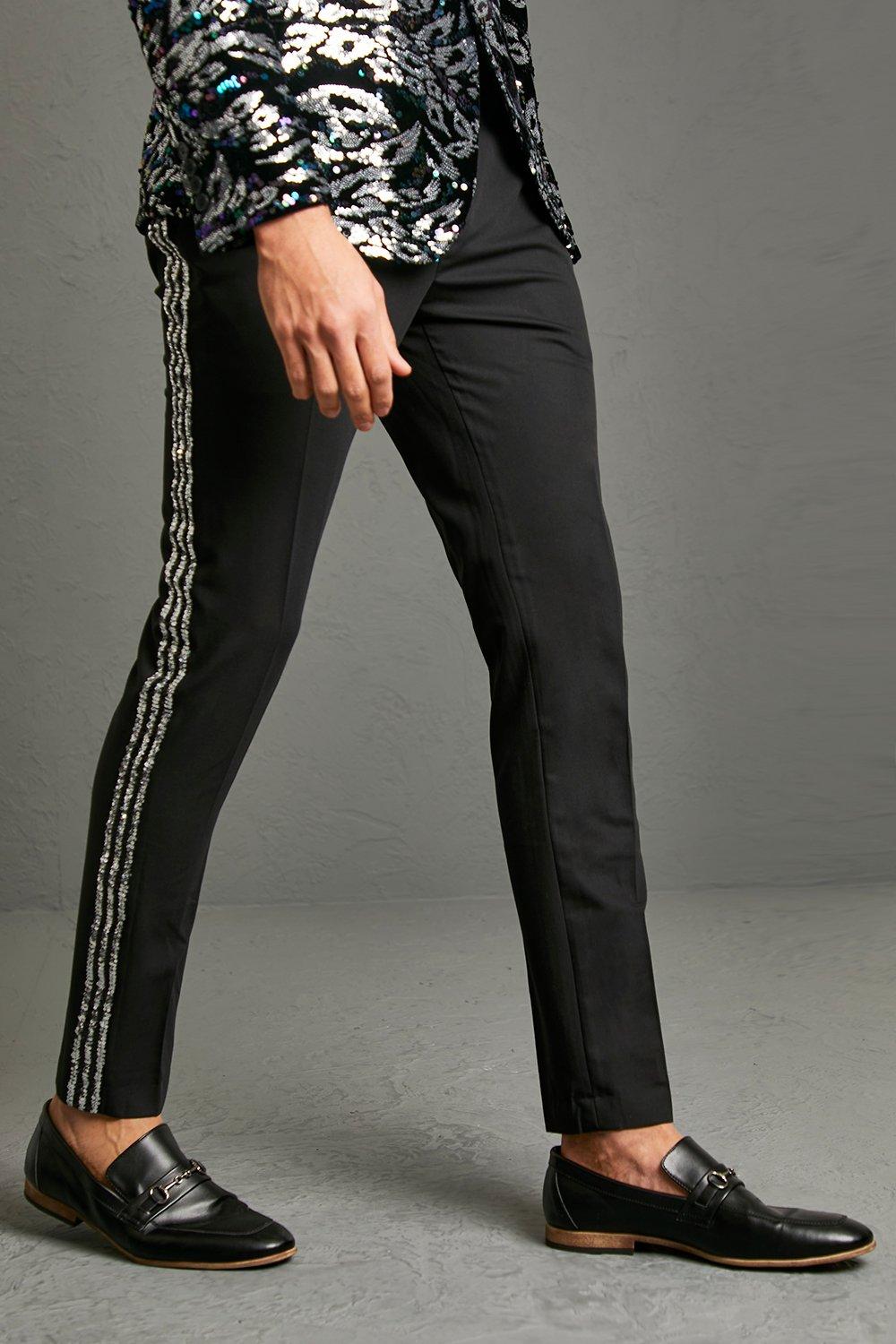 Mens Black Skinny Sateen Sequin Tape Tailored Trouser, Black