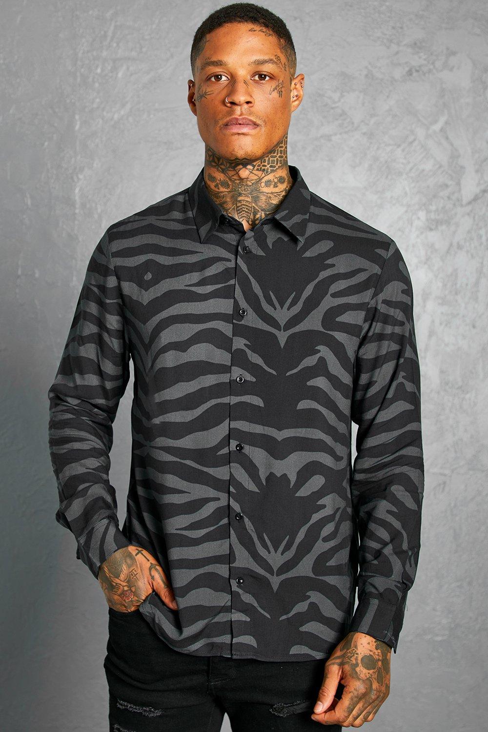 Mens Black Long Sleeve Viscose Zebra Shirt, Black