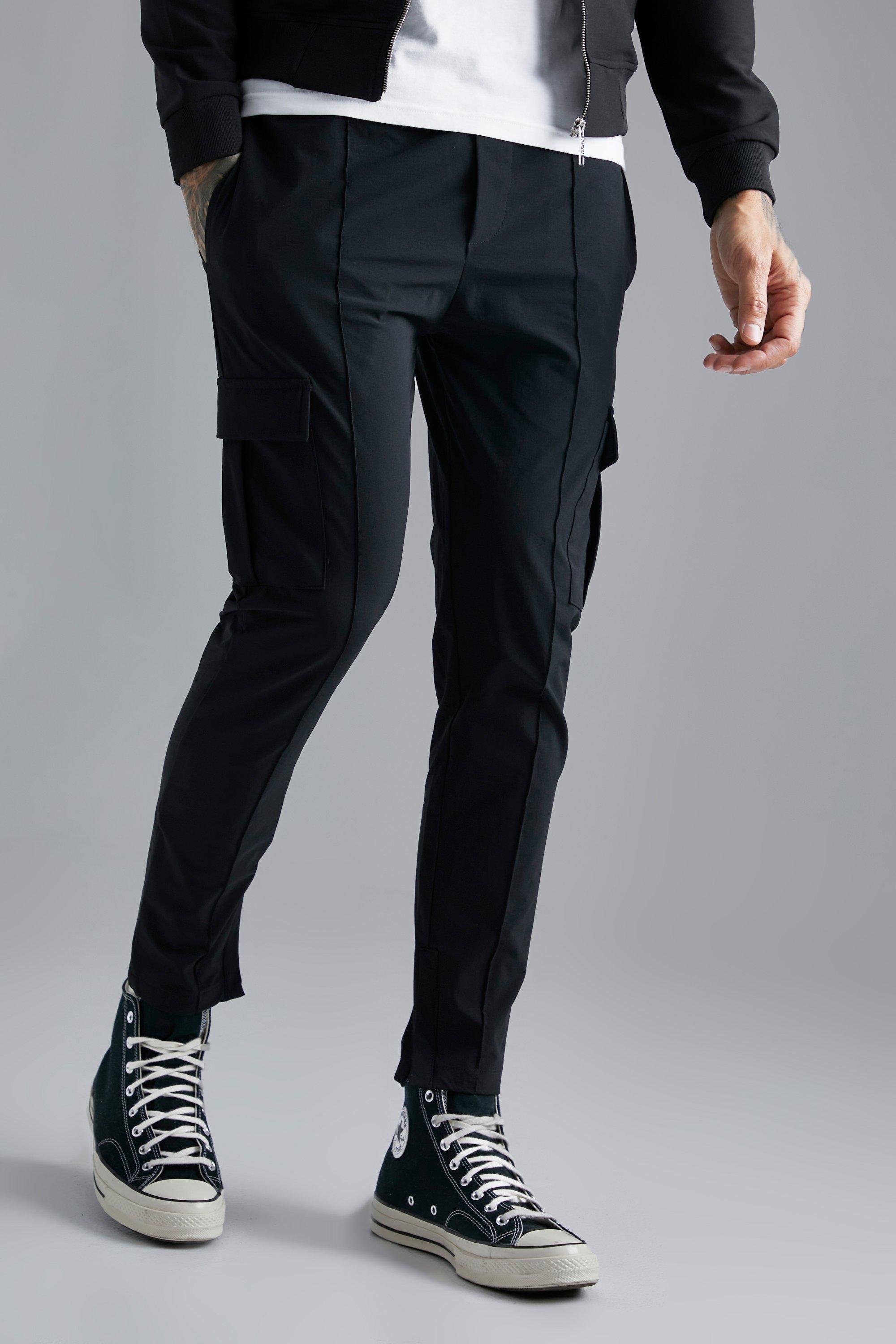 Mens Black Elastic Waist Slim Techincal Stretch Cargo, Black