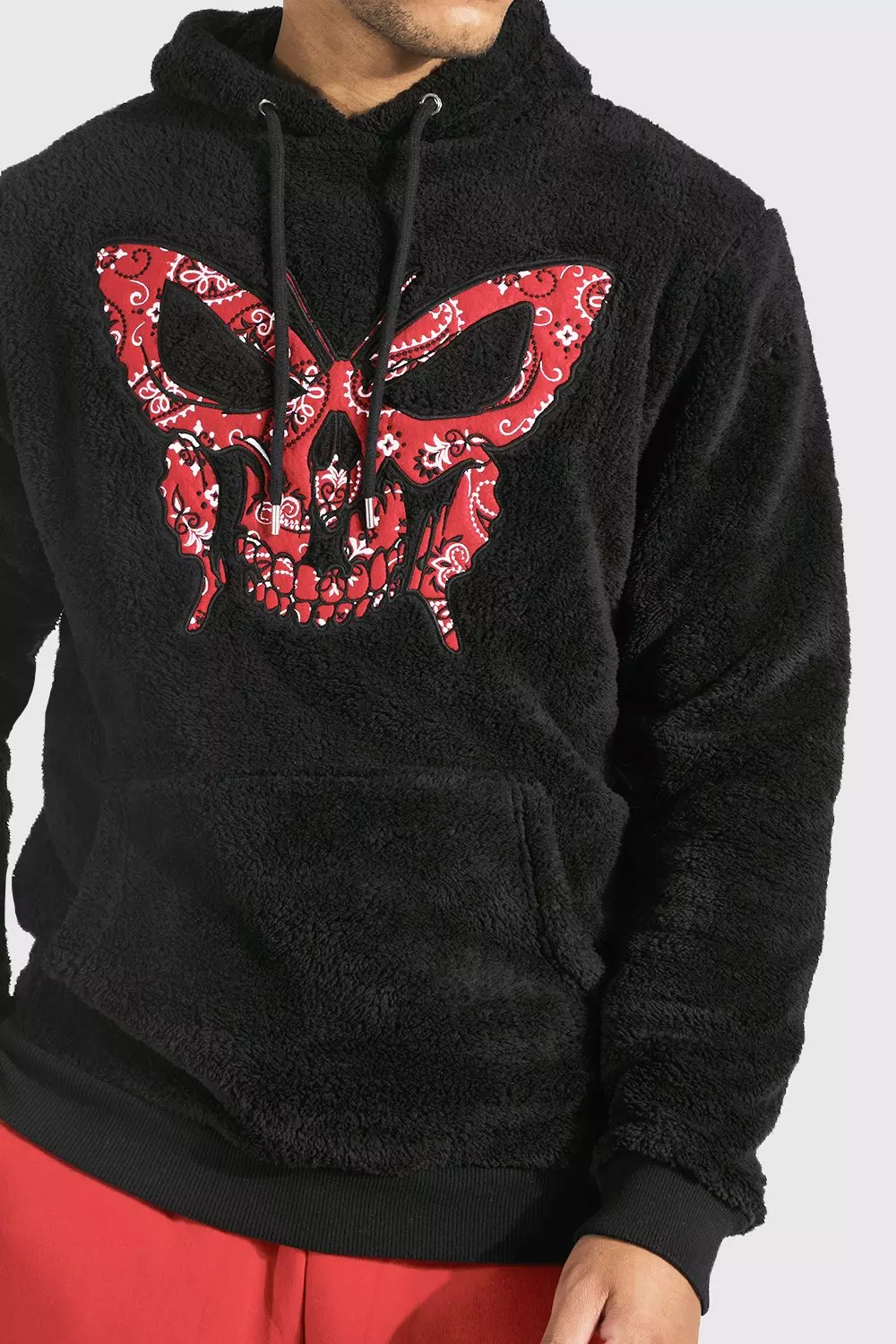 Tall Butterfly Skull Patch Borg Hoodie boohooMAN UK