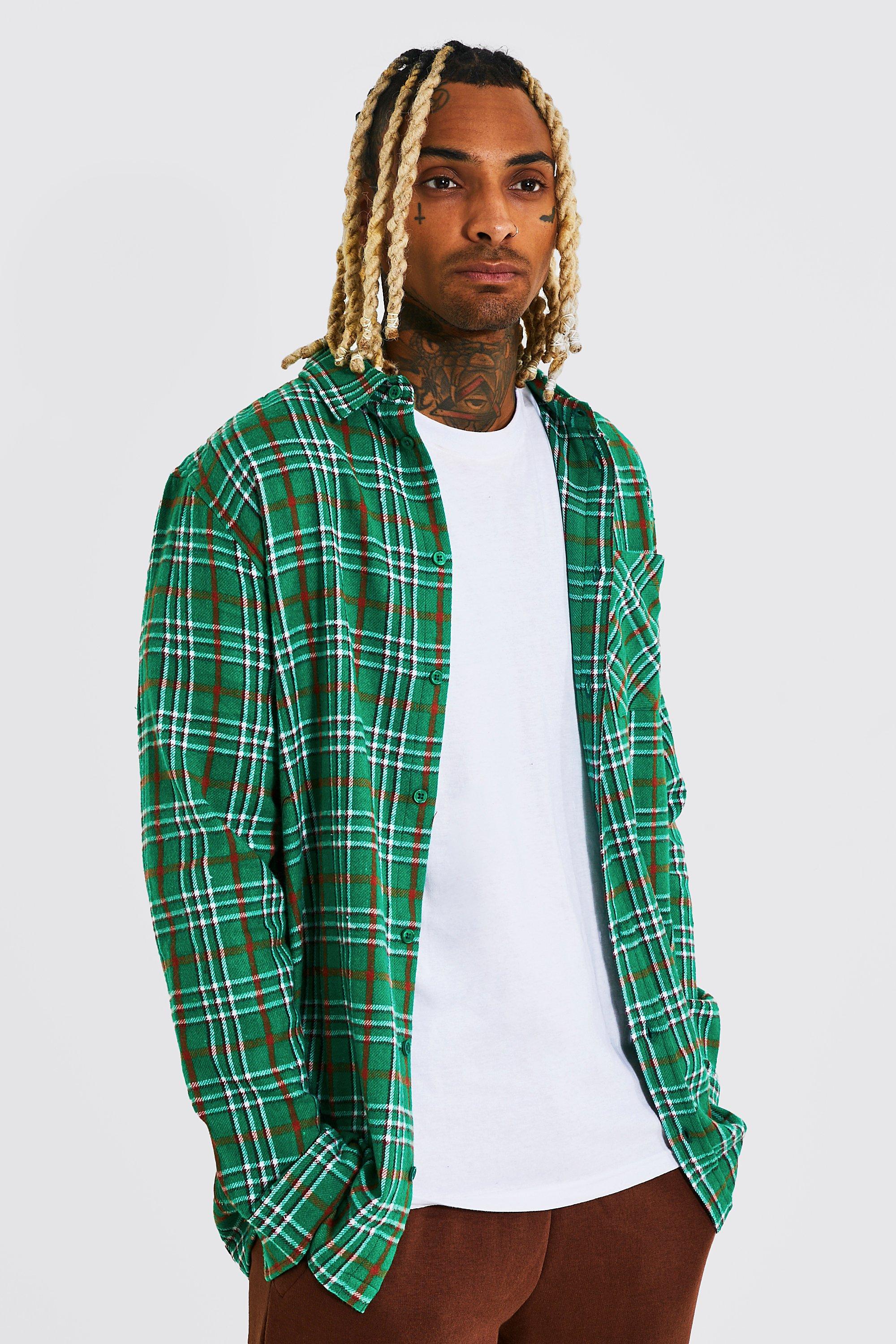 Mens Green Longline Check Shirt, Green