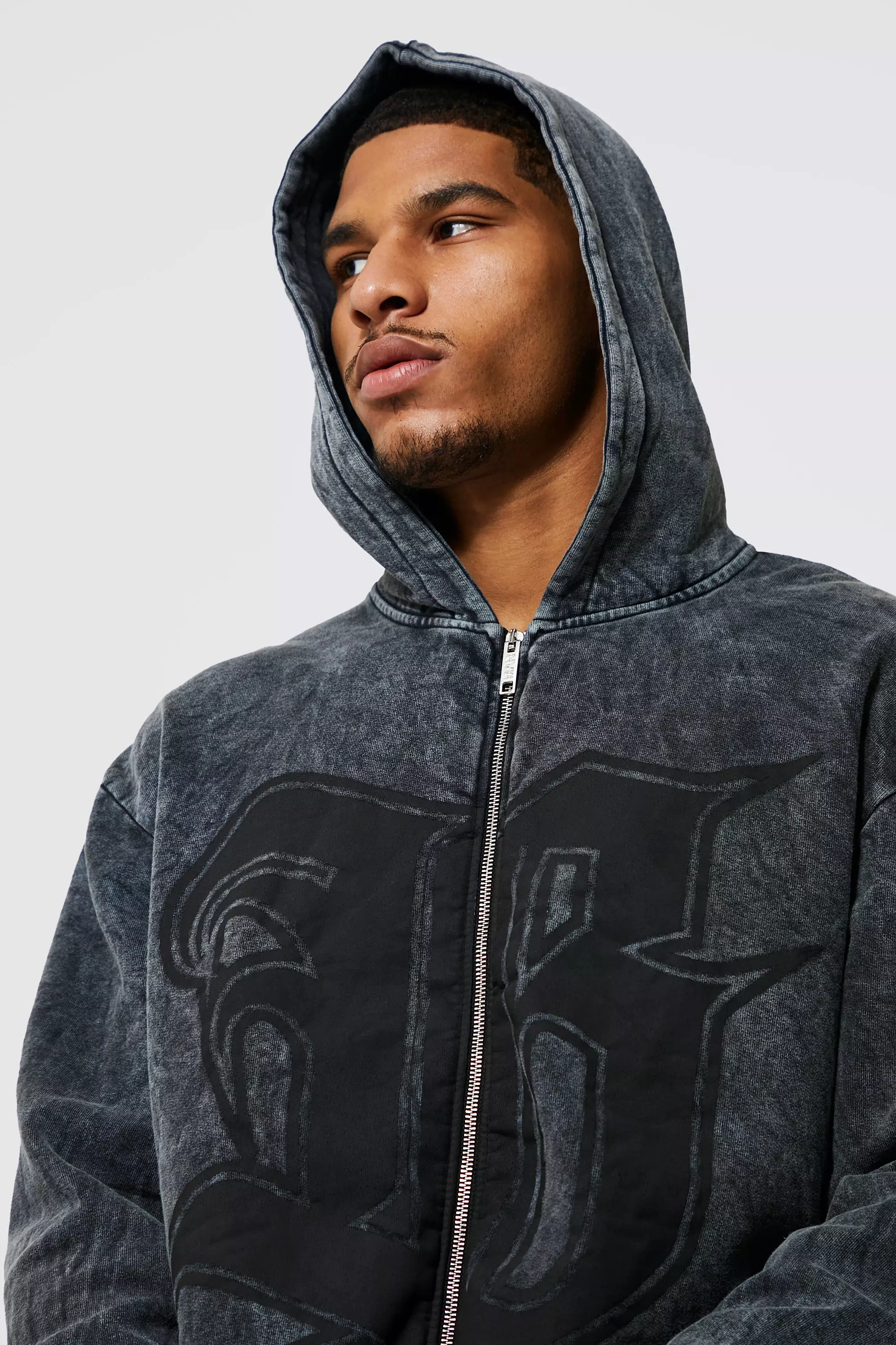 Tall Acid Wash Gothic Puff Zip Through Hoodie | boohooMAN USA