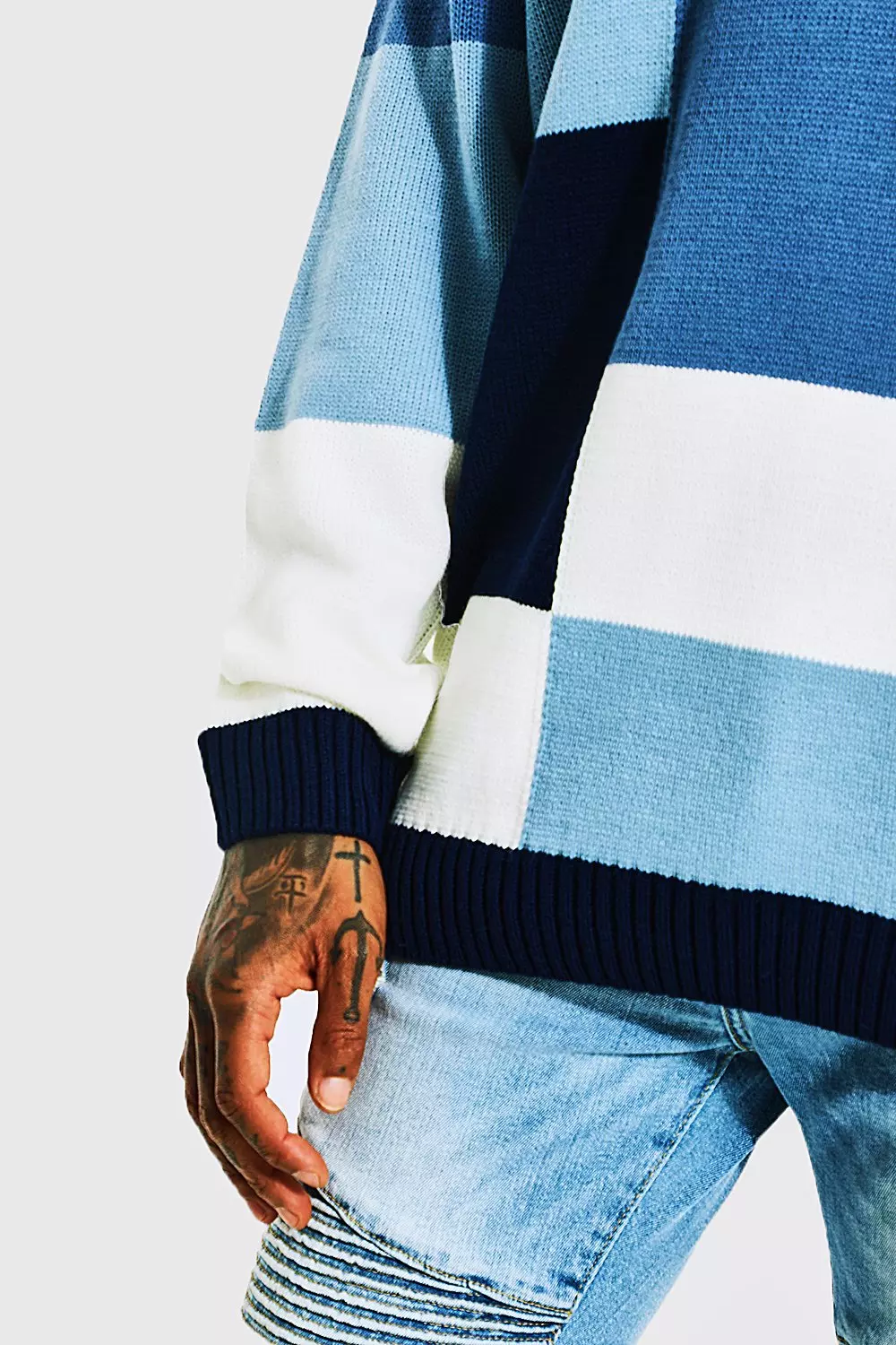 Patchwork Crew Neck Knitted Sweater | boohooMAN USA