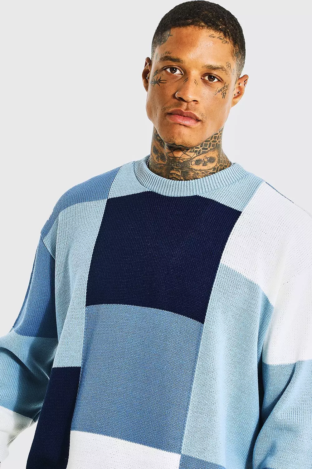 Patchwork Crew Neck Knitted Sweater | boohooMAN USA