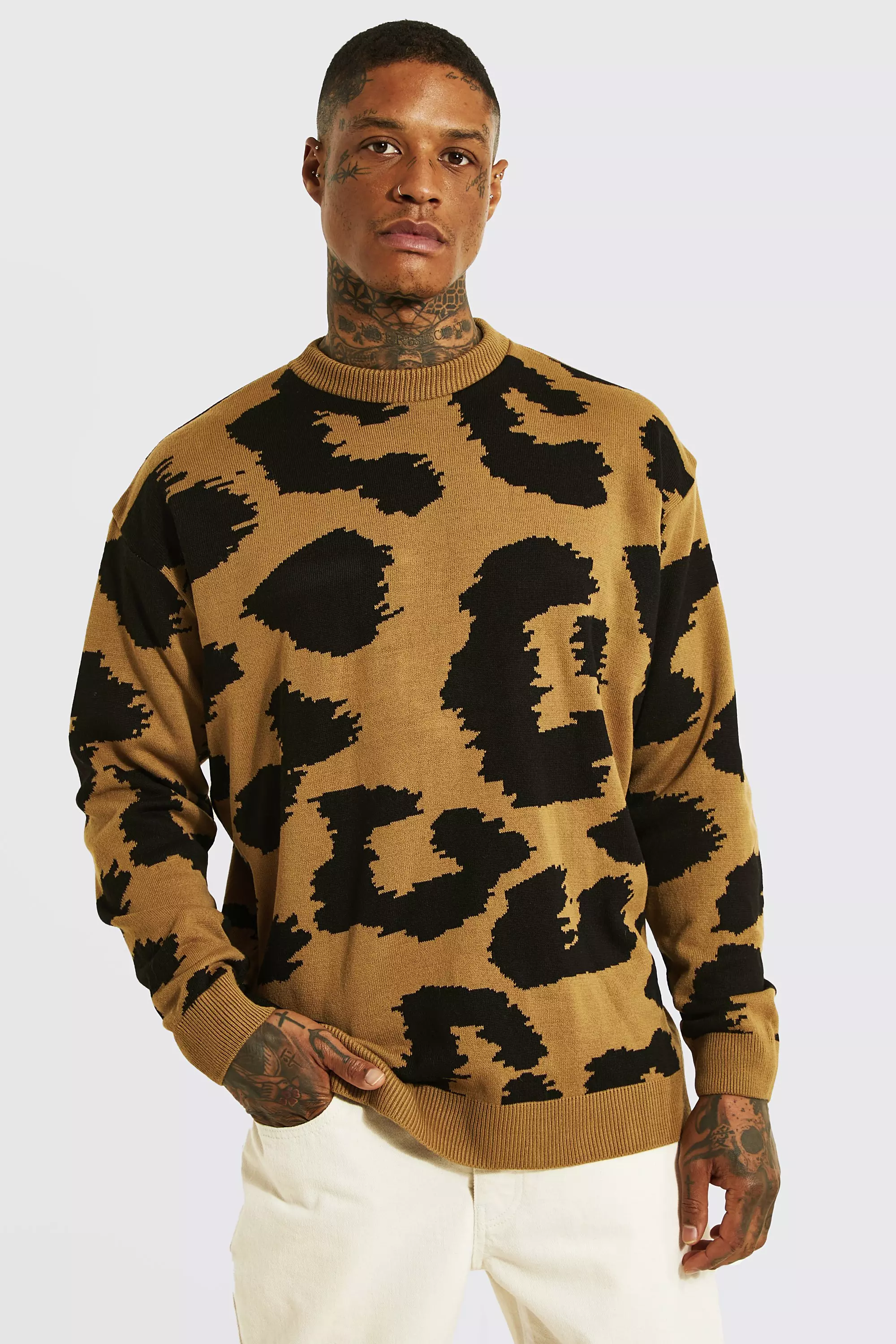 Oversized Fit Jacquard-knit Sweater - Green/leopard print - Men