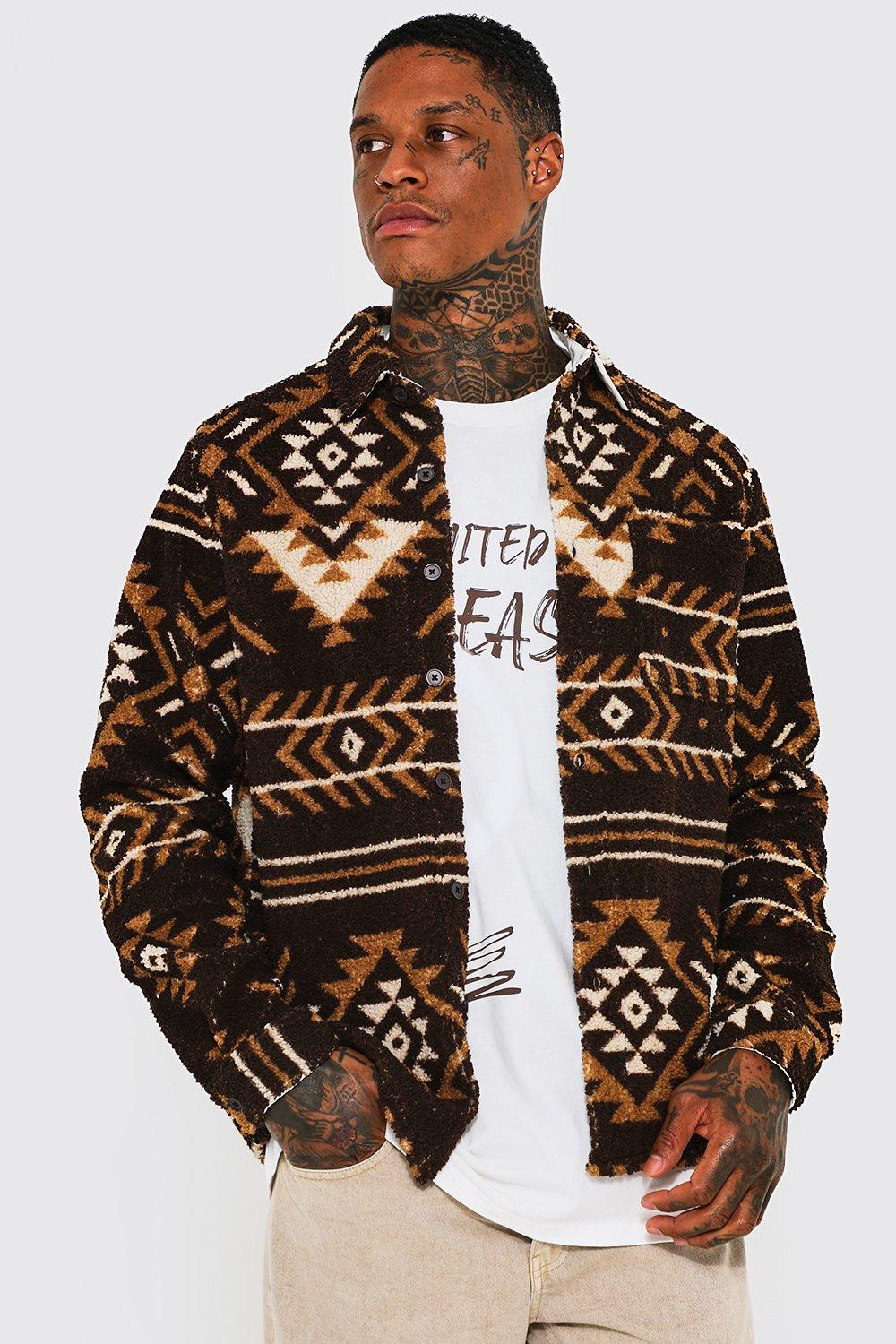 Mens Black Aztec Print Borg Overshirt, Black