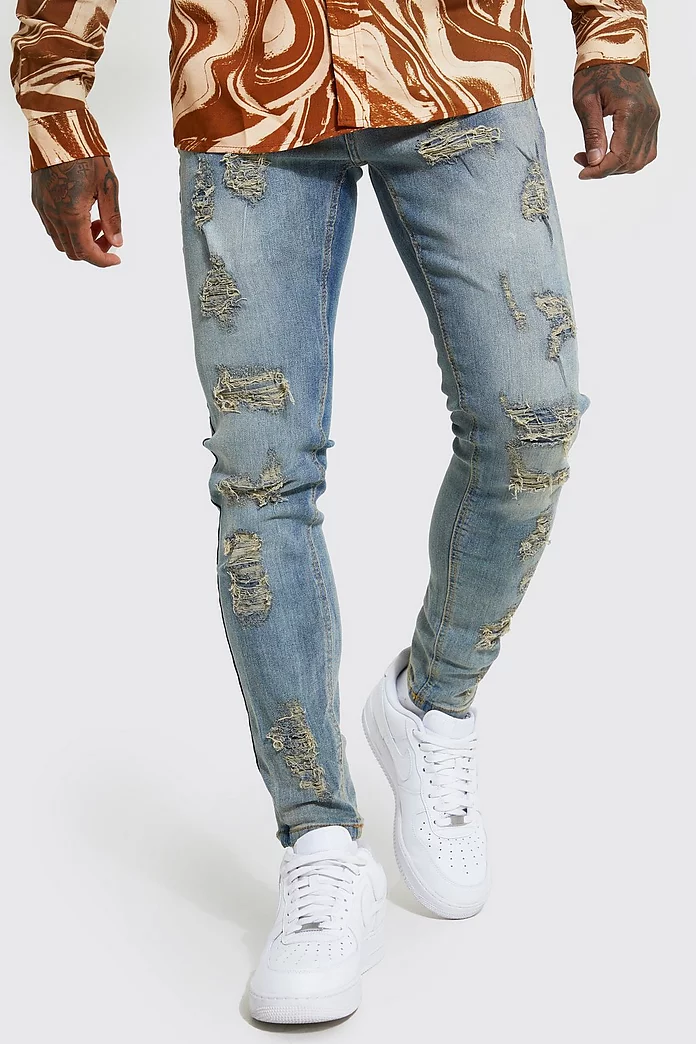 for Men Blue Mens Clothing Jeans Skinny jeans BoohooMAN Denim Skinny Stretch Coloured Rip & Repair Jeans in Antique Blue 