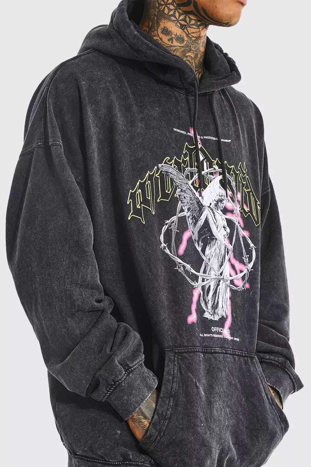 Oversized Boxy Acid Wash Dove Graphic Hoodie