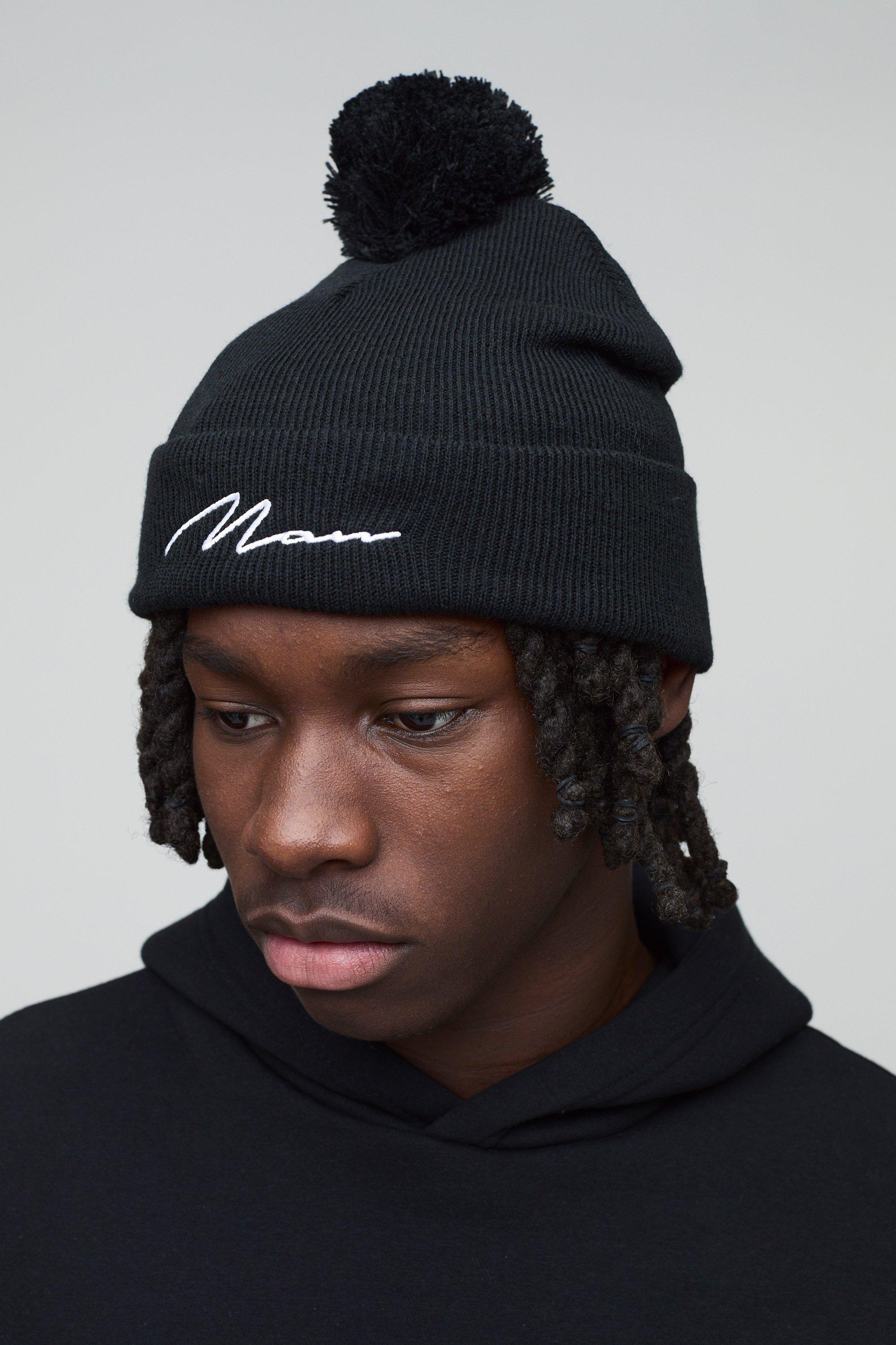 Mens Black Man Signature Bobble Beanie, Black