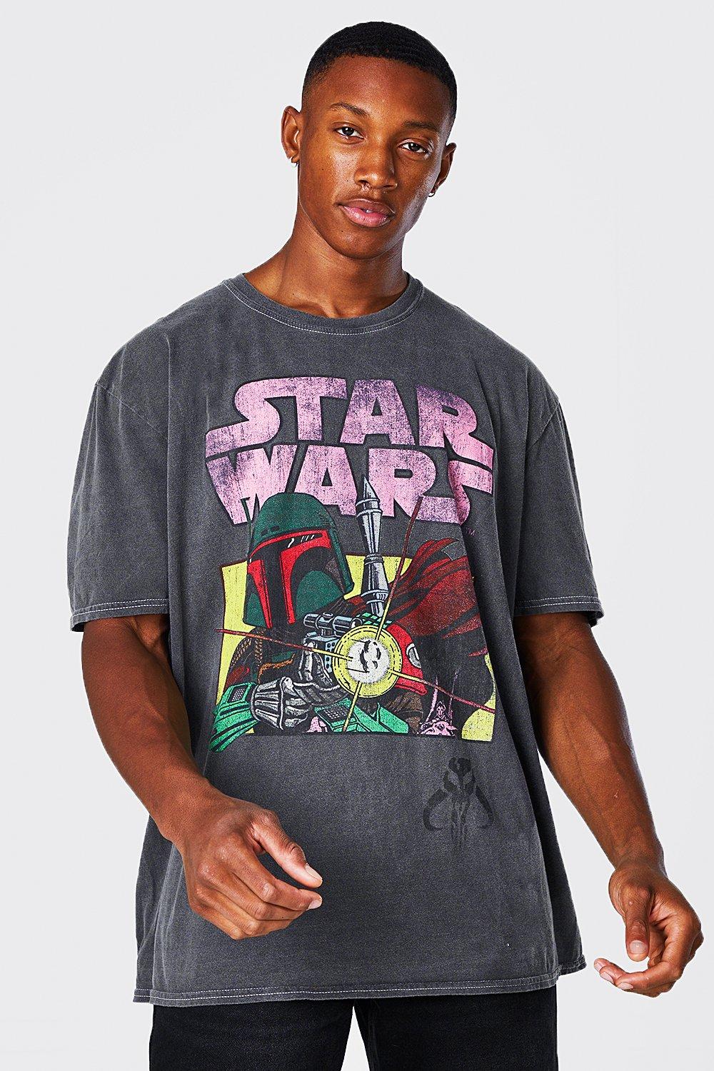 Mens Grey Oversized Acid Wash Star Wars License T-shirt, Grey