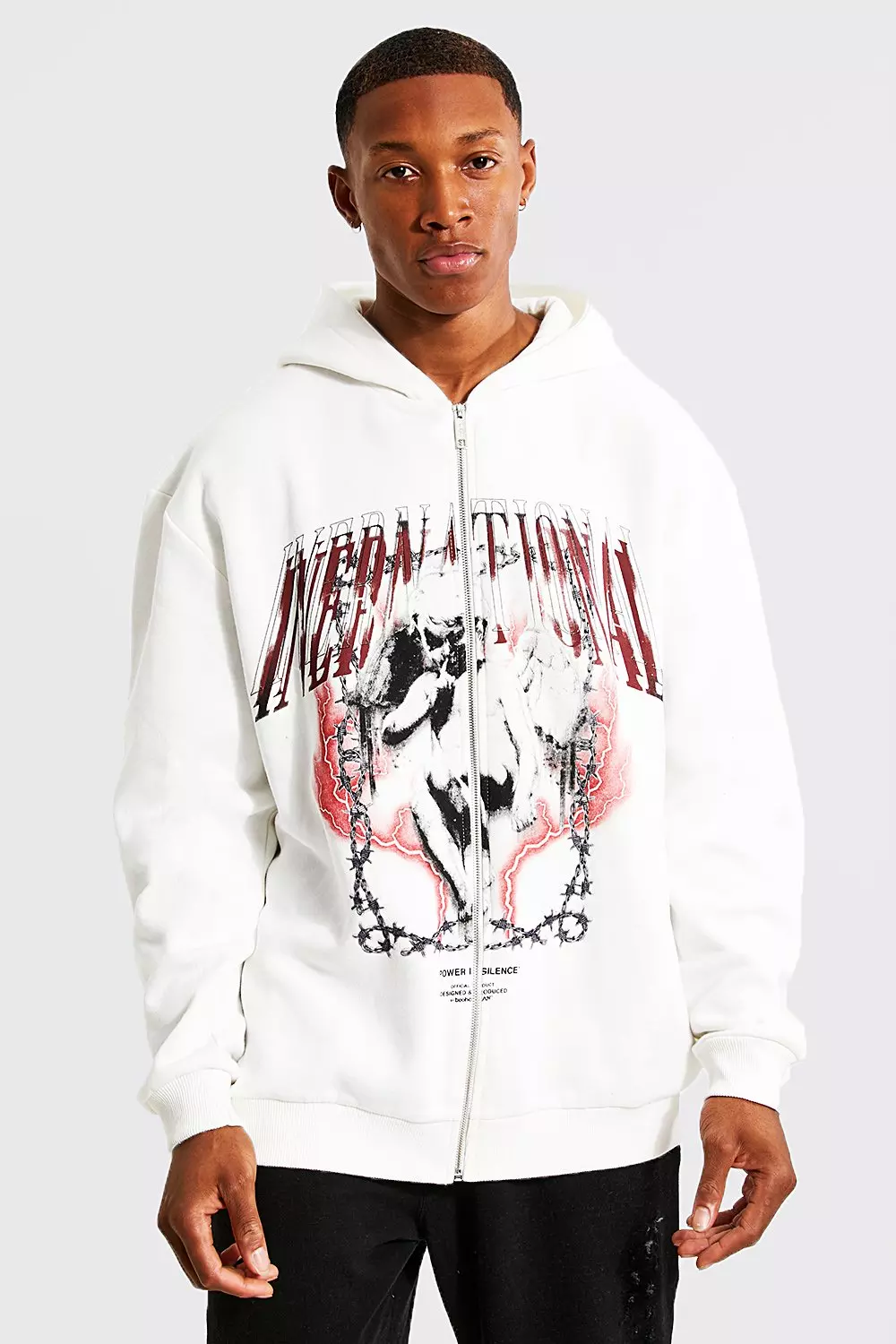 Oversized Heartless Print Zip Through Hoodie