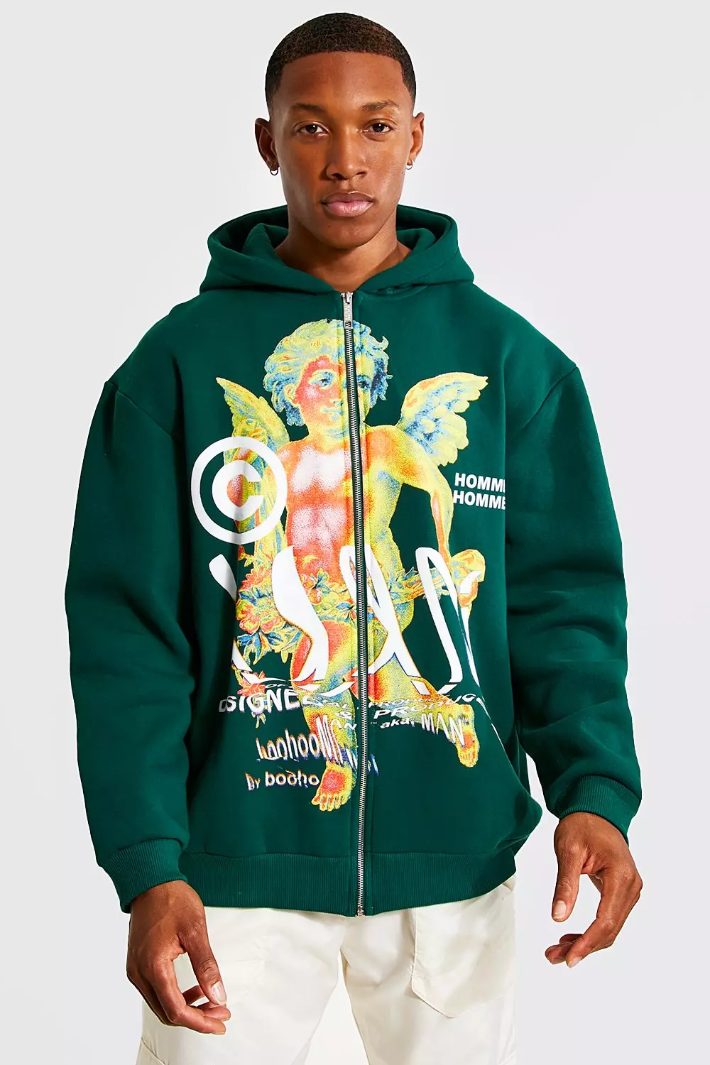 Oversized Cherub Print Zip Through Hoodie | boohooMAN USA