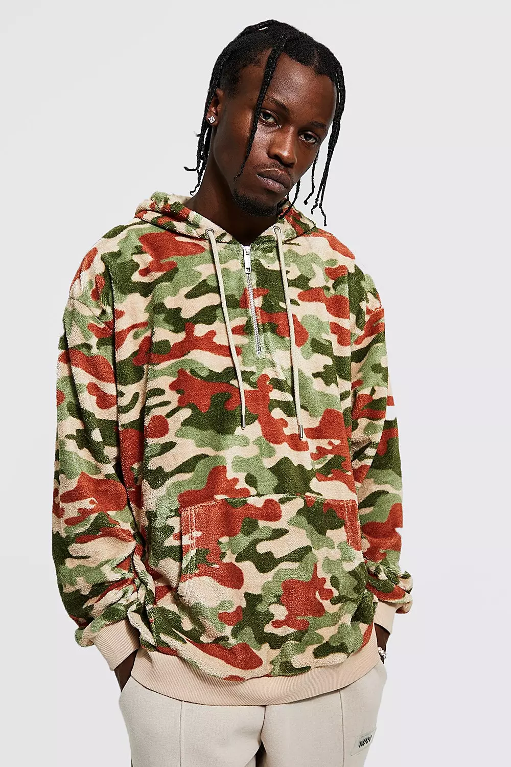 Oversized Camo Print Borg Zip Neck Hoodie boohooMAN USA